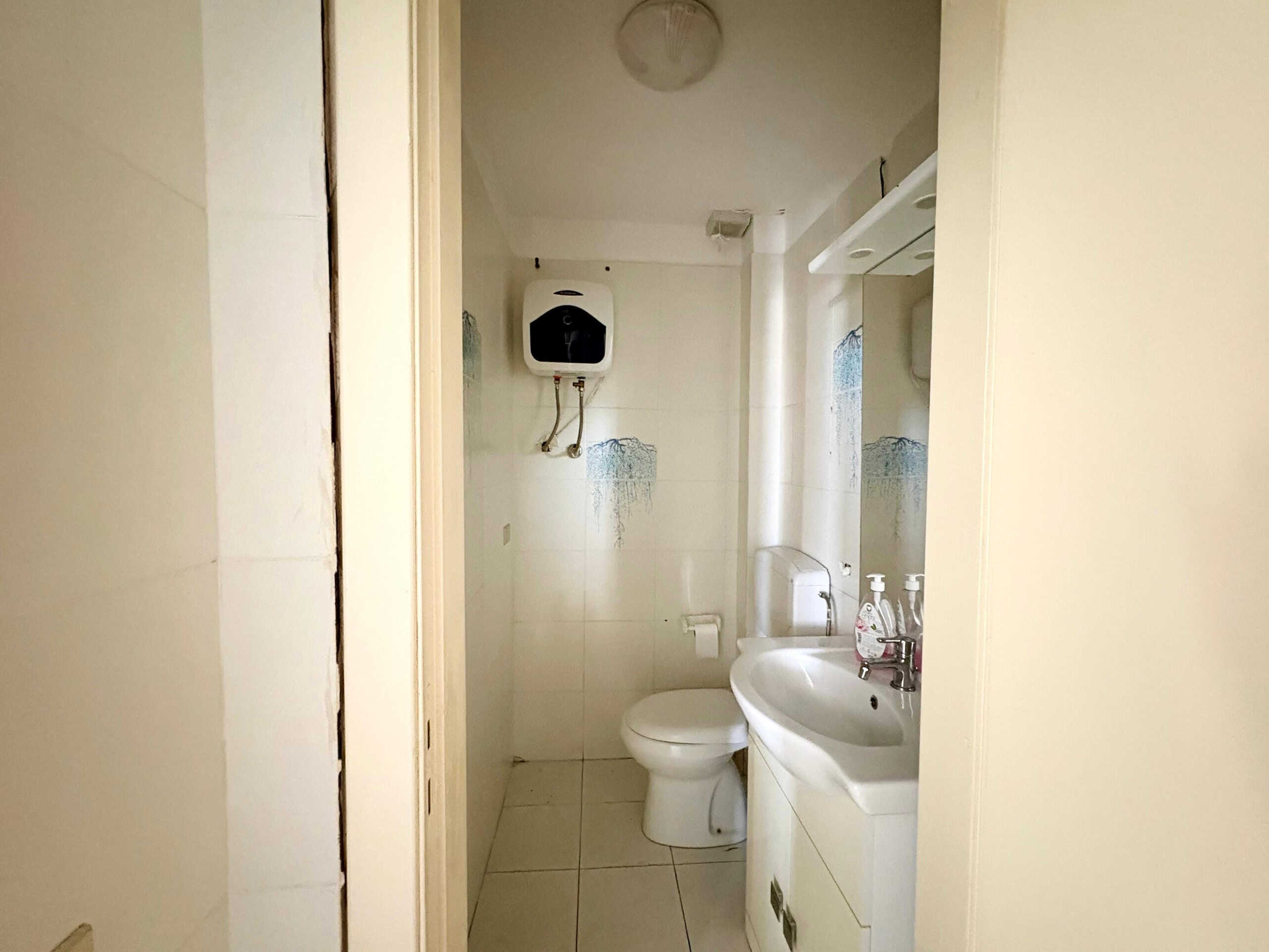 Immagine di un bagno compatto con toilette, lavabo e boiler elettrico, ideale per appartamenti o case in affitto o in vendita, con dettagli funzionali e arredamento semplice.