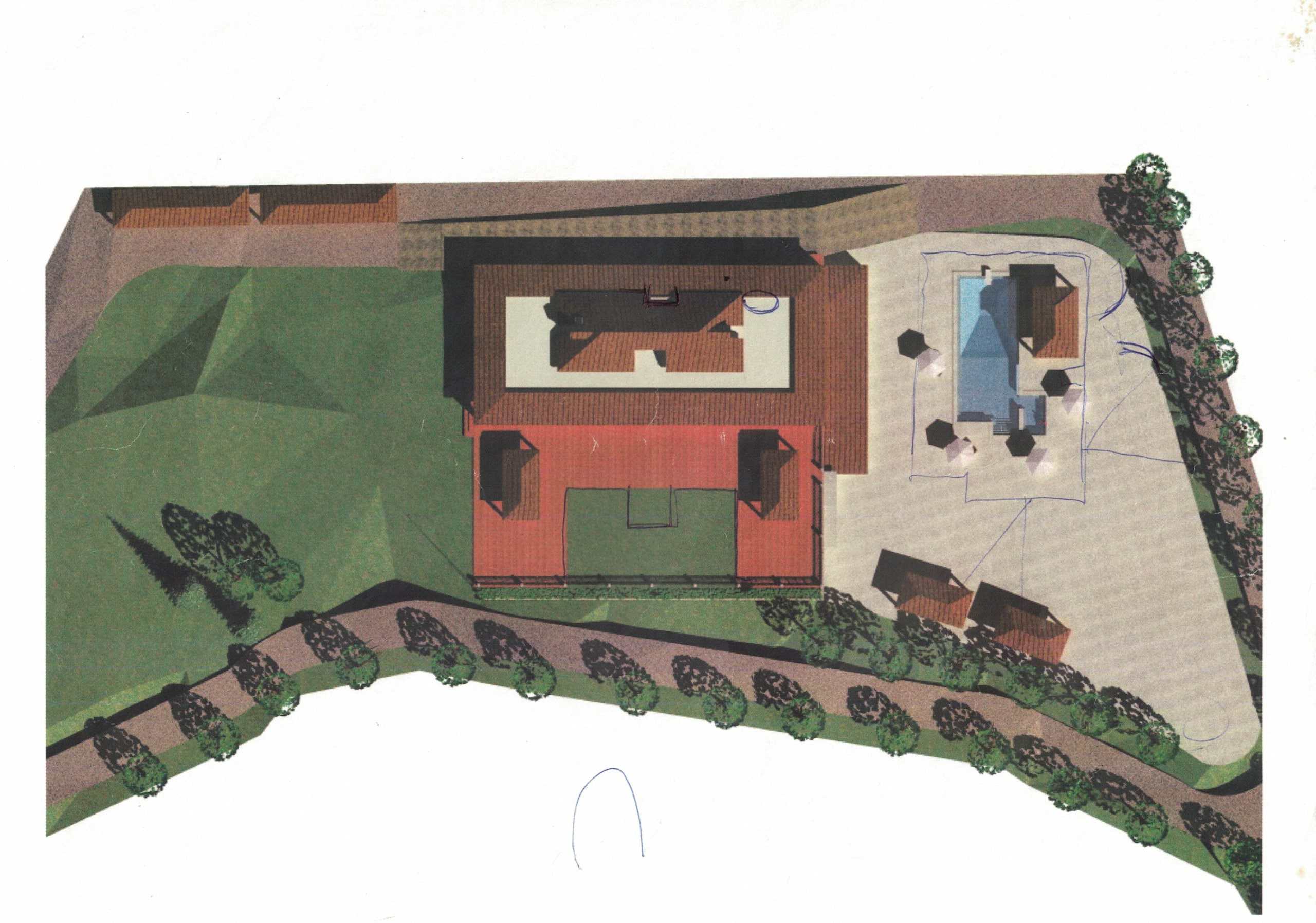 Motivi di un progetto architettonico con studio del paesaggio e ambientazione esterna, giardino, piscina e spazi di relax, esempio di progettazione immobiliare e residenziale.