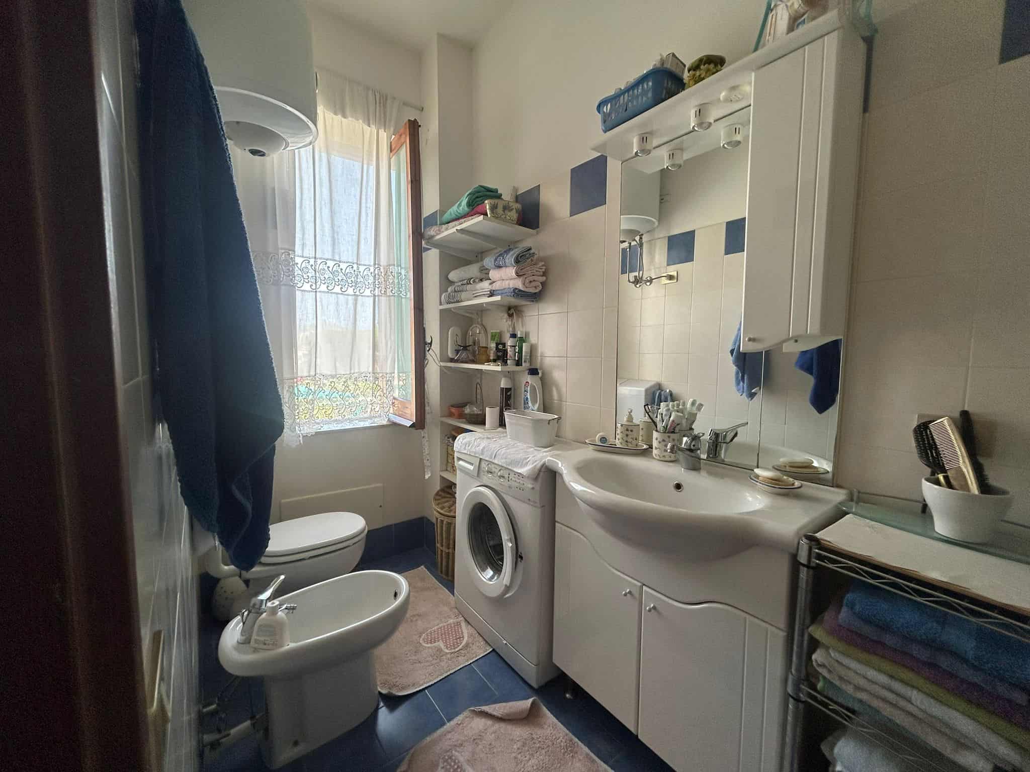 Lavabo e lavatrice in bagno di casa vista da vicino, spazio funzionale e ben organizzato, arredamento pratico, accessori bagno, finestra con tende leggere, stile semplice ed essenziale, ambiente domestico confortevole.