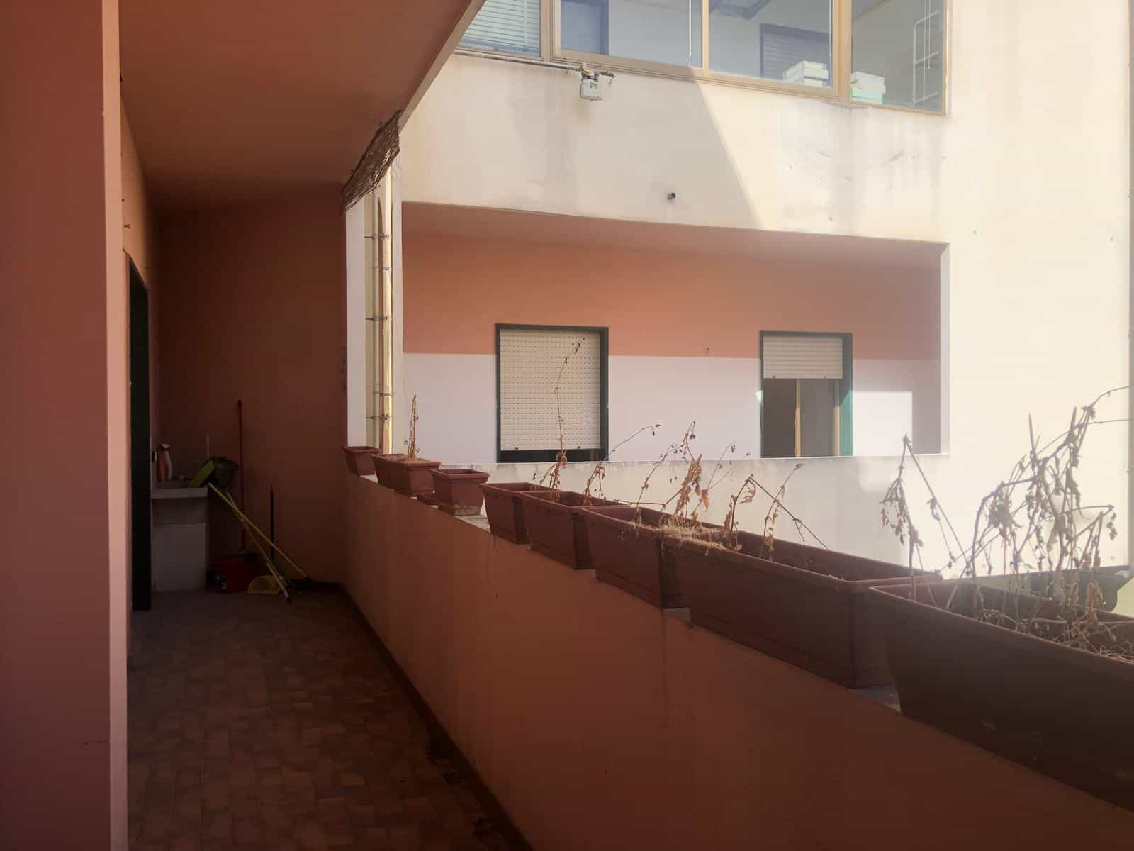 Posizione di un balcone di un appartamento con fioriere vuote e piante secche, illuminato dal sole, con vista sul cortile interno e le finestre dell'edificio circostante.