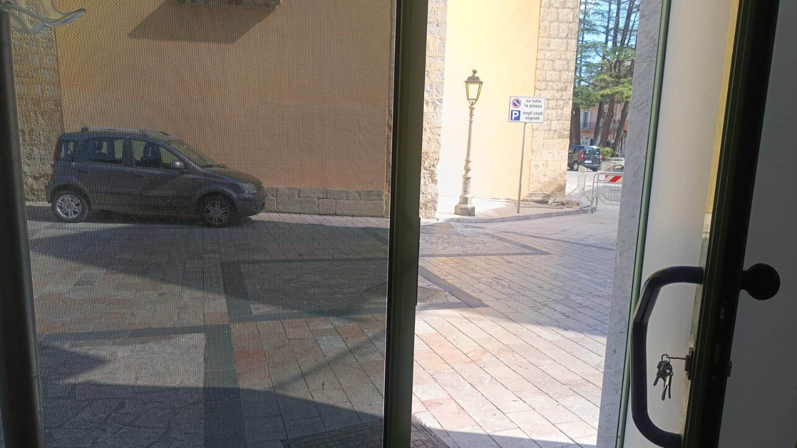 Auto parcheggiata davanti a un edificio storico vista da una porta con vetri a rete.