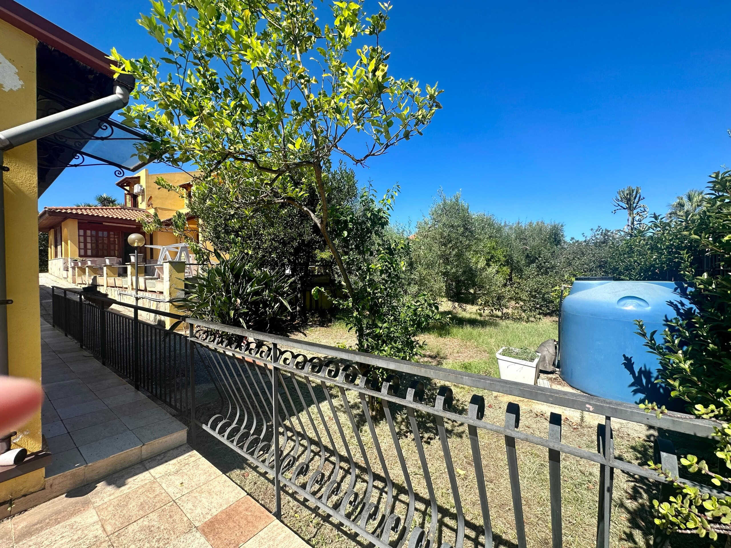 Prato esterno di una villa con giardino alberato, area relax e piscina esterna coperta da una grande tettoia, atmosfera tranquilla e immersa nella natura.