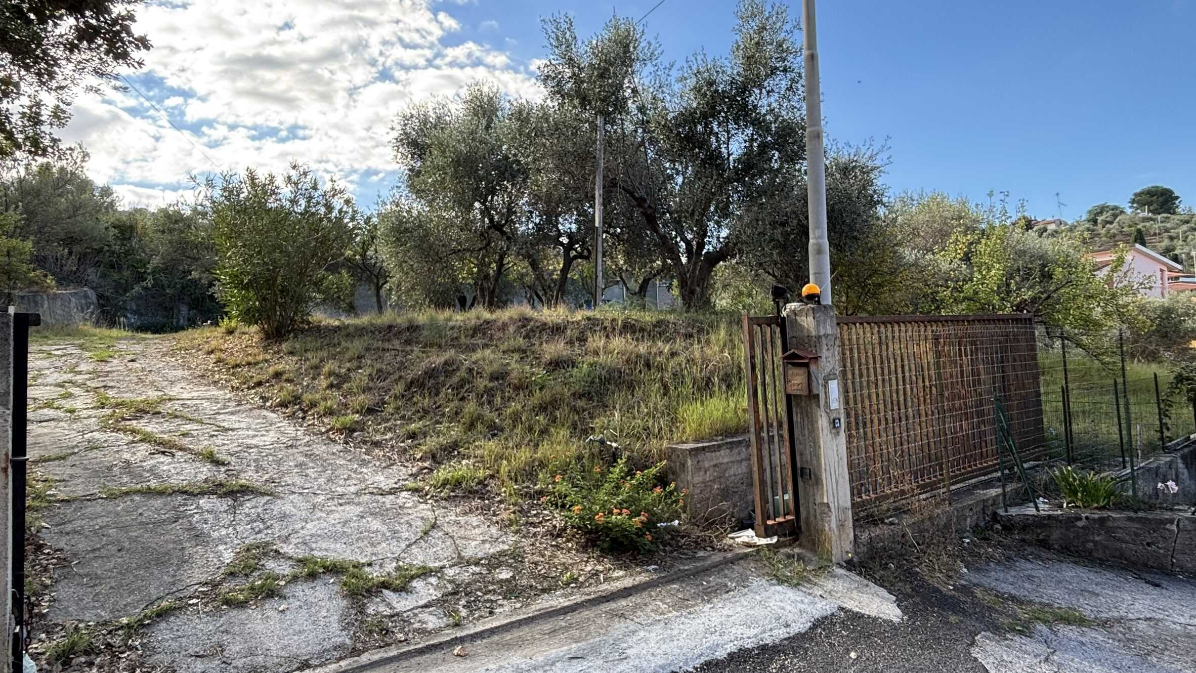 Verde terreno edificabile in collina con accesso strada, alberi e vista su case e paesaggi naturali, ideale per costruire la tua casa dei sogni in zona tranquilla e residenziale.