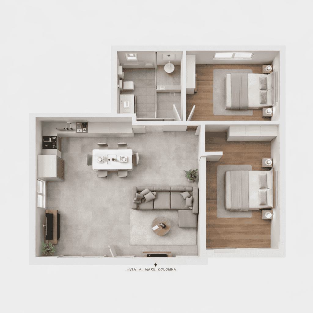 Pianta di un appartamento moderno con soggiorno, cucina, due camere da letto e bagno, vista dall'alto, design funzionale e luminoso.