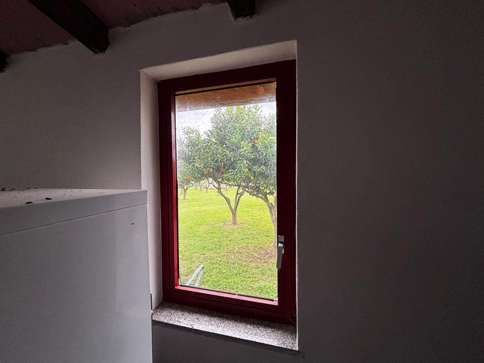 Finestra con vista su alberi e giardino, ristrutturata con telaio rosso, in un ambiente domestico rustico e accogliente, ottima soluzione abitativa o per agriturismo.