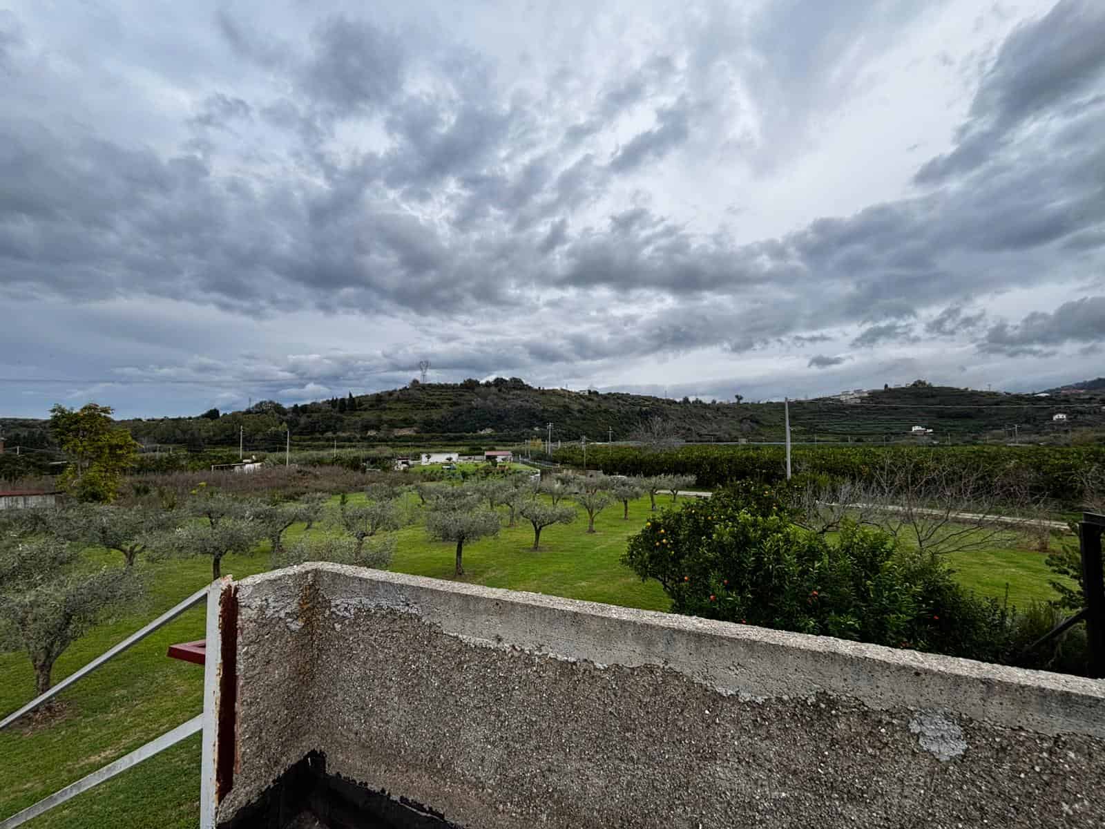 1. Vista panoramica delle colline e dei vigneti con cielo nuvoloso, scorcio di un paesaggio naturale e rurale in Italia.