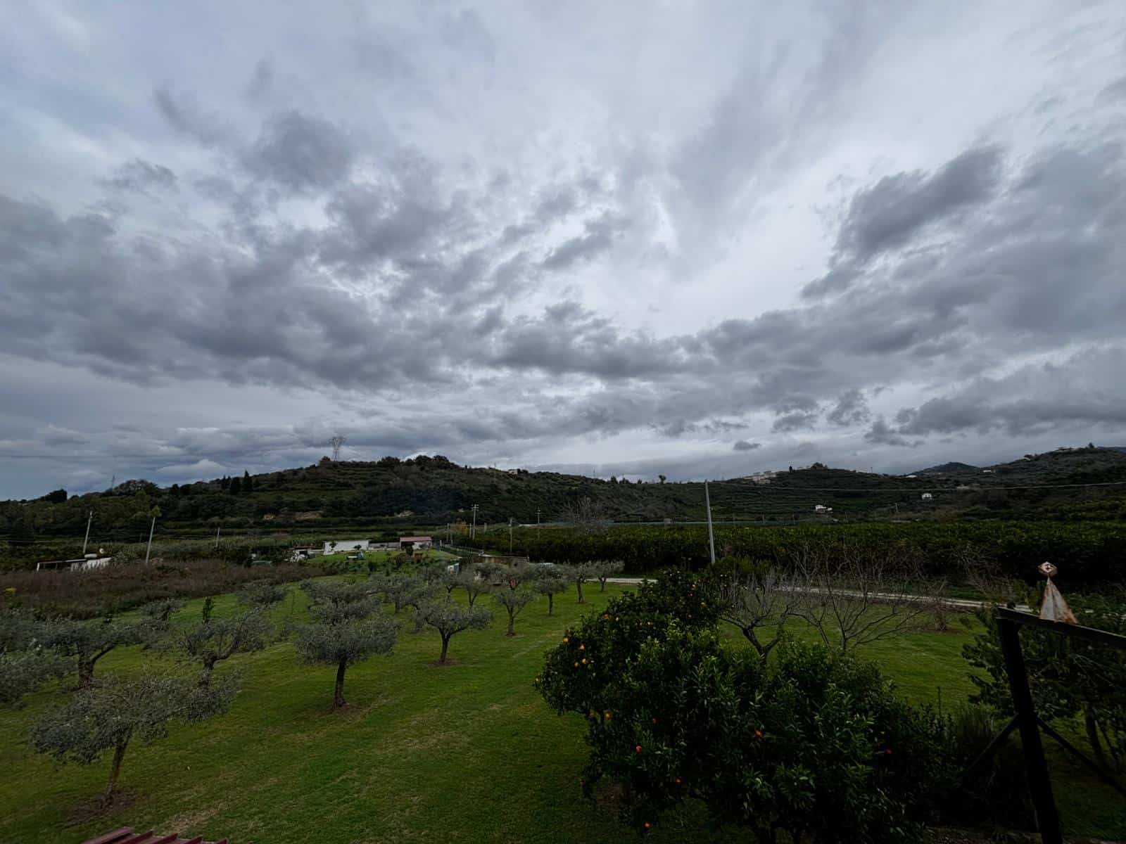 Vasta veduta di un paesaggio rurale con alberi da frutto e colline sotto un cielo nuvoloso, ideale per immobili con grande terreno o vista panoramica sul verde.