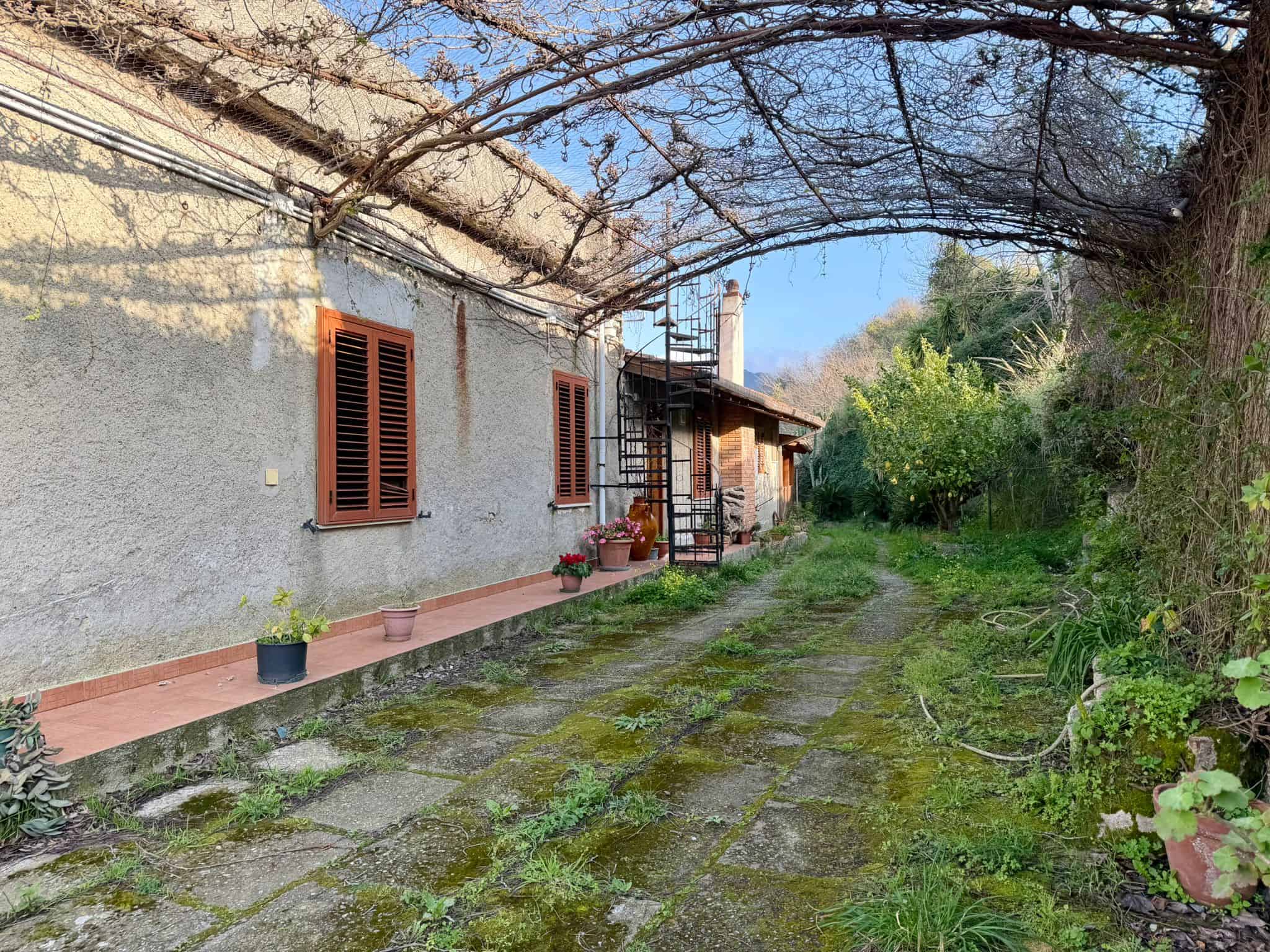 Porte in legno e finestra sulla facciata di una casa di campagna con giardino verde e percorso in pietra, ambiente rurale tranquillo e accogliente in Italia.