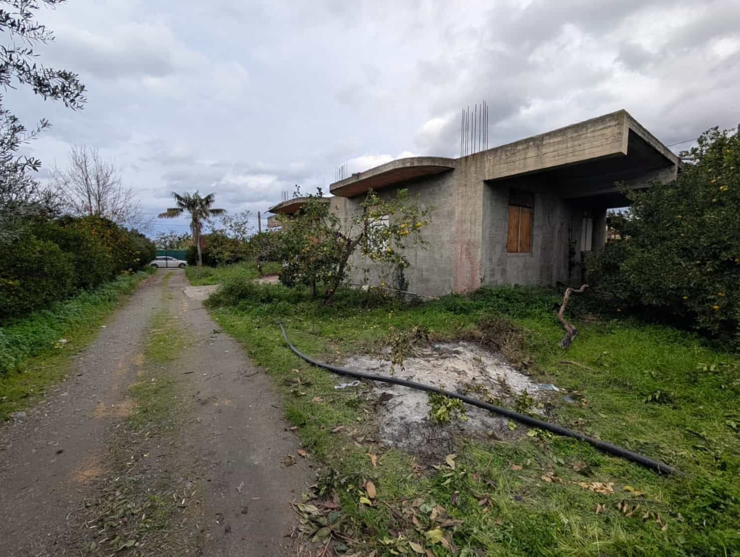 Vicolo sterrato con casa in costruzione circondata da alberi e piante, cielo nuvoloso, materiale edilizio e scenario rurale, ambiente tranquillo e naturale, progetto di edilizia in fase di sviluppo.
