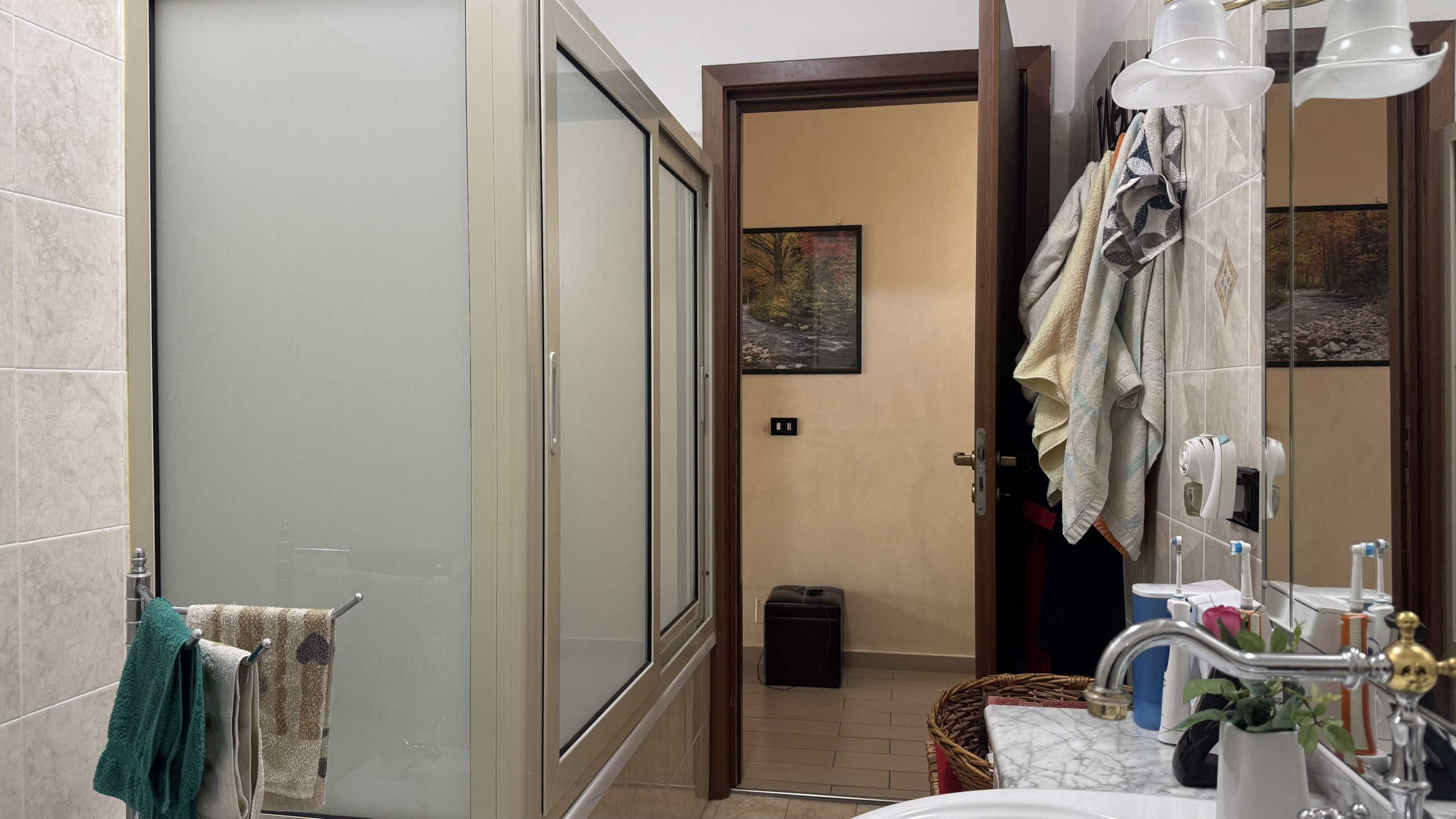 Lavanderia moderna con doccia in vetro, asciugamani colorati e dettagli eleganti, arredamento funzionale e ristrutturazione recente, perfetta per casa con stile e praticità.