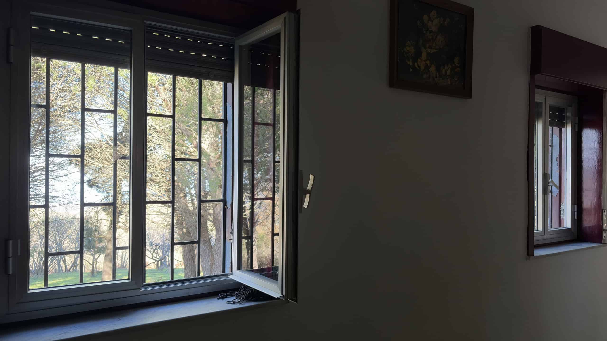Vista su finestre con vista sugli alberi e natura, illuminazione naturale, infissi isolanti, luce soffusa, ambientazione domestica accogliente, casa moderna e luminosa, dettagli di design interno.