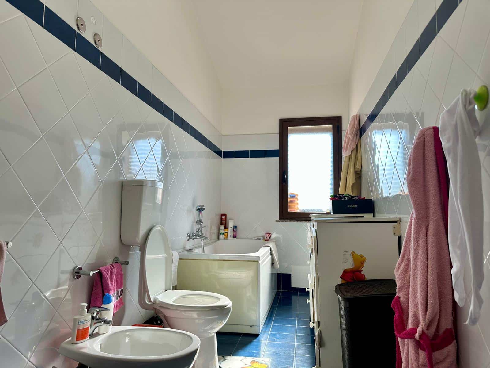 Acqua calda, sanitari e dettagli di un bagno moderno e funzionale con pareti in ceramica bianca e accessori colorati, ideale per vivere con comfort e stile quotidiano.