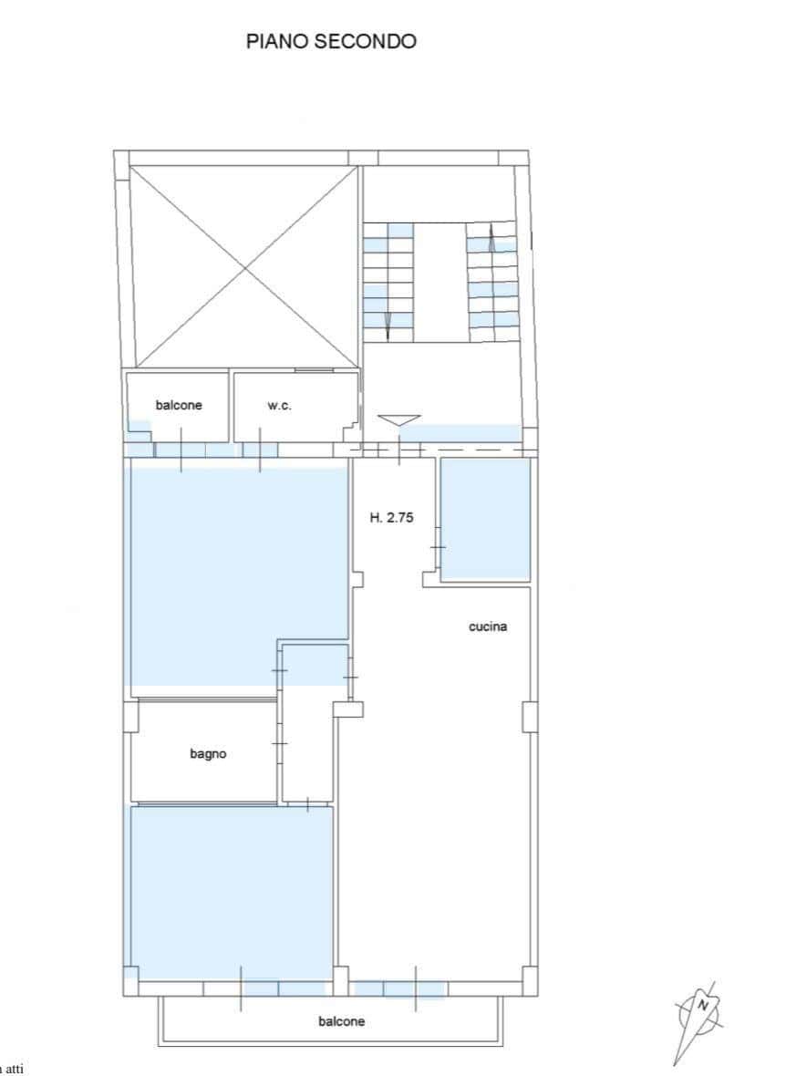 Planimetria appartamento secondo piano, schematico, con camere, bagno, cucina, balconi, ideale investimento immobiliare NextCasa.