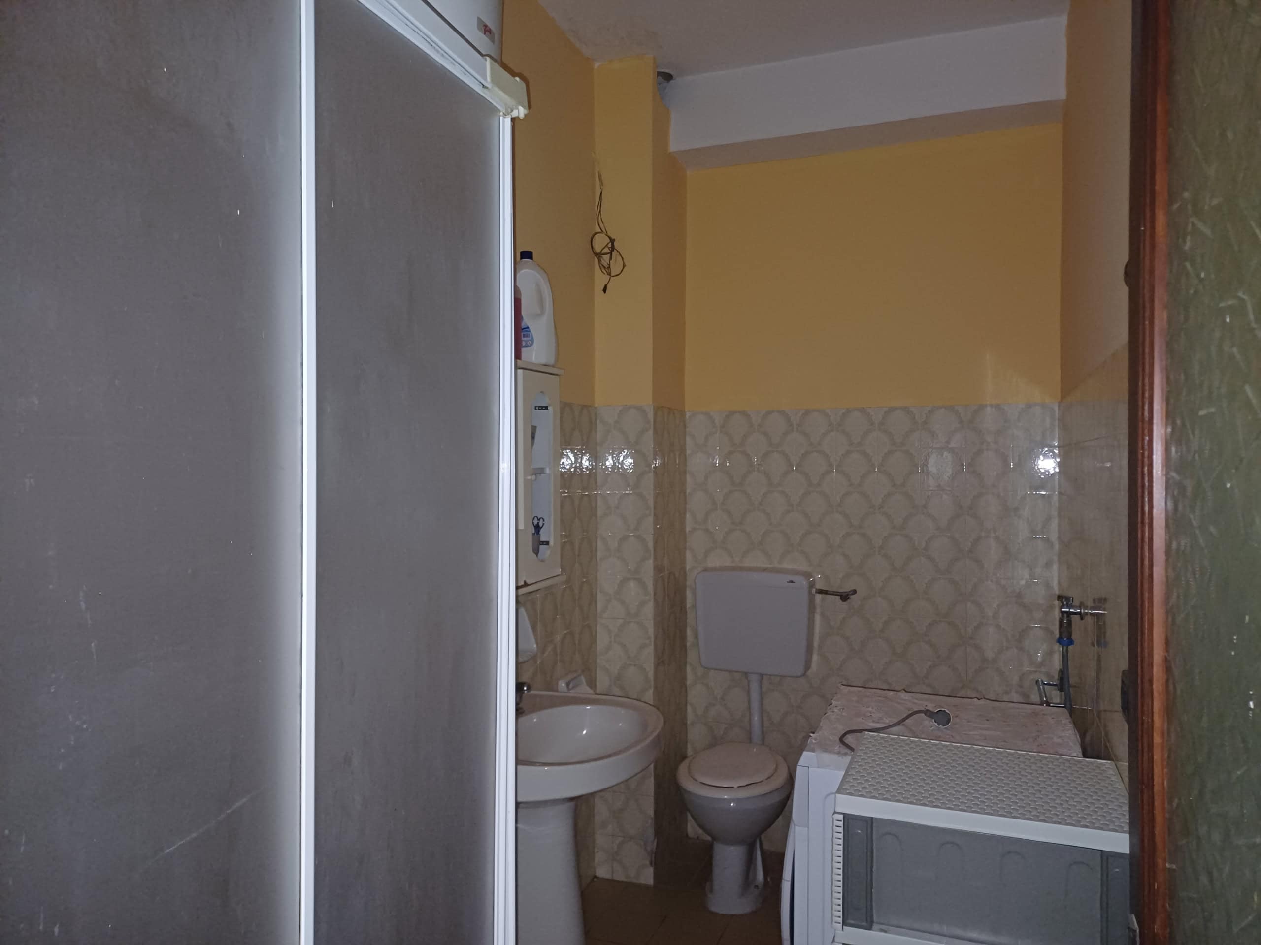 1. Bagno piccolo con lavandino, water e lavatrice, pareti decorative, ambiente semplice.