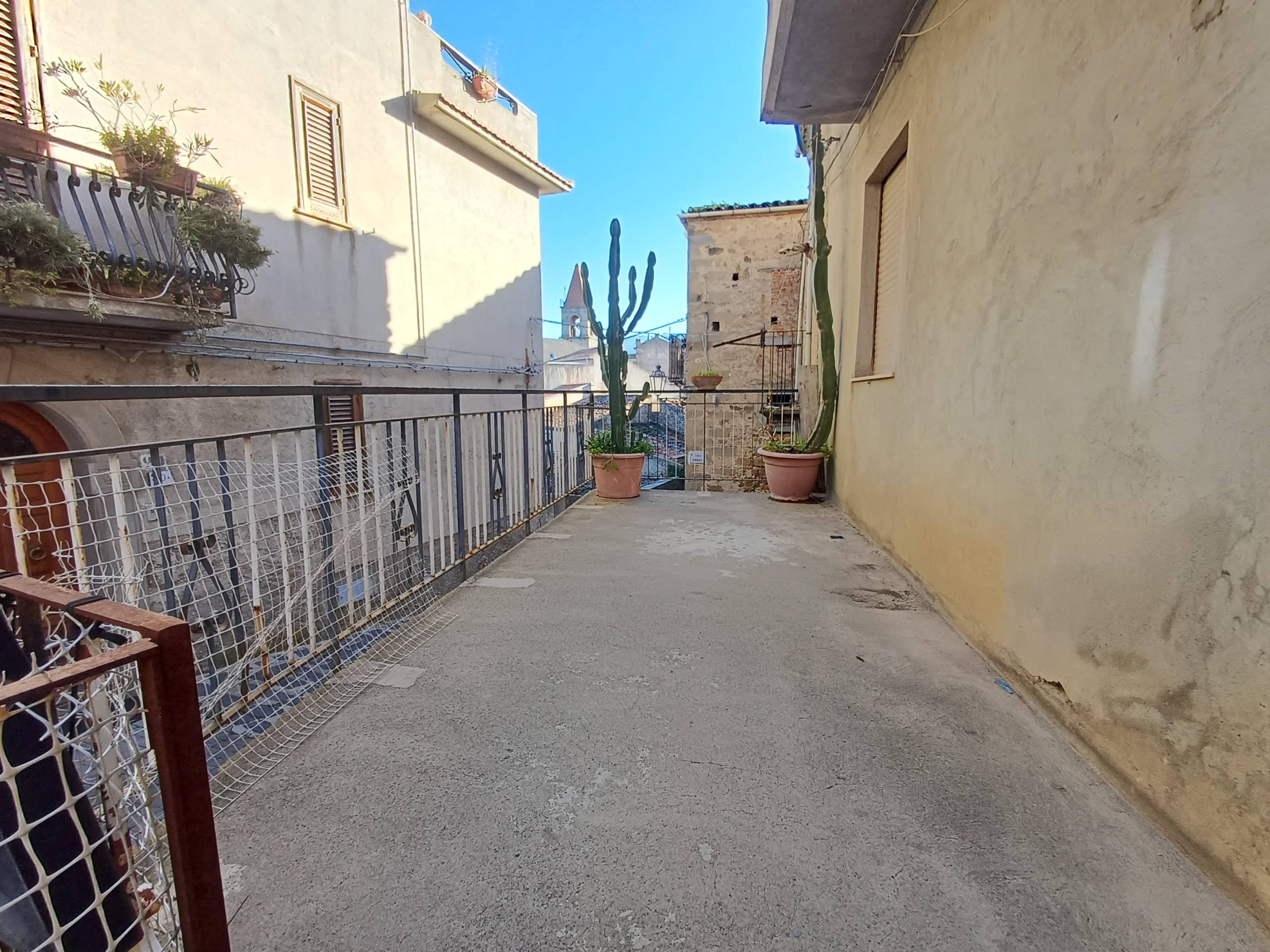 Atmosfera di terrazza in centro storico con piante di cactus in vasi, view su edifici antichi e campanile in lontananza, ideale per relax e momenti all'aperto.