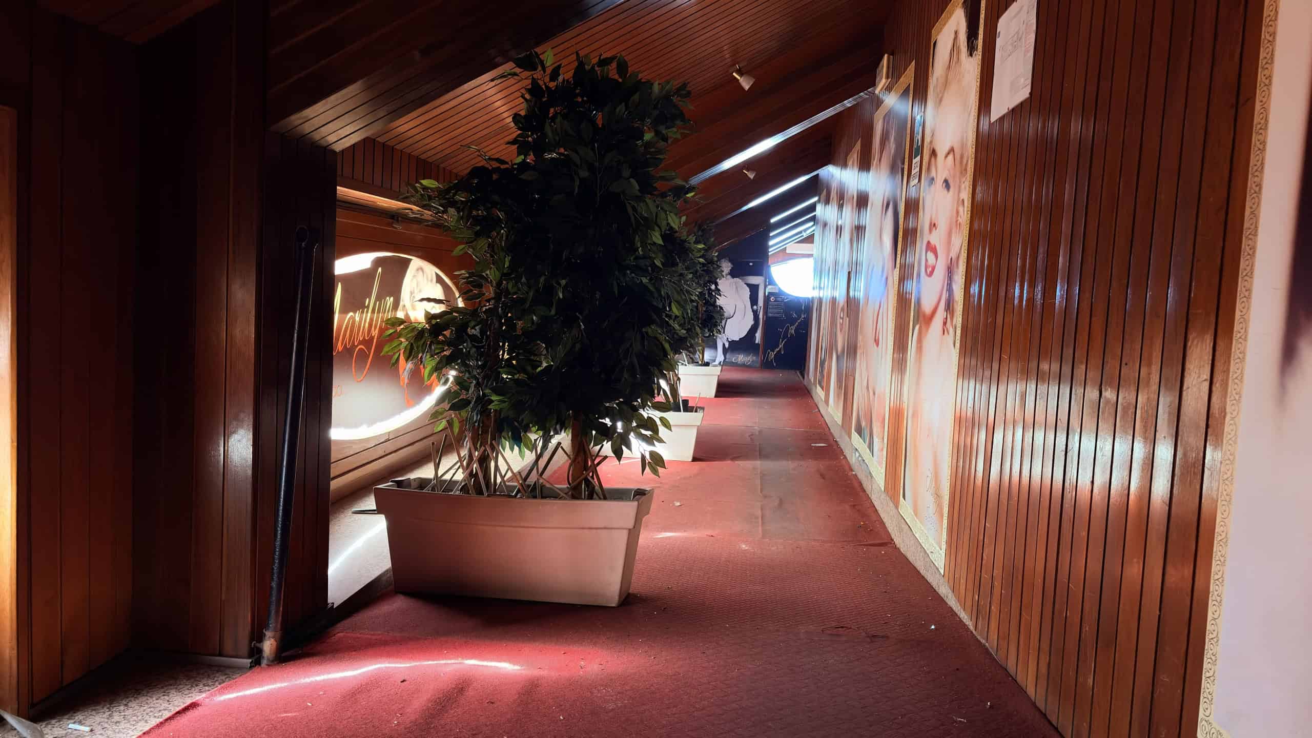 1. Corridoio interno con pareti in legno e decorazioni luminose, atmosfera calda e accogliente.