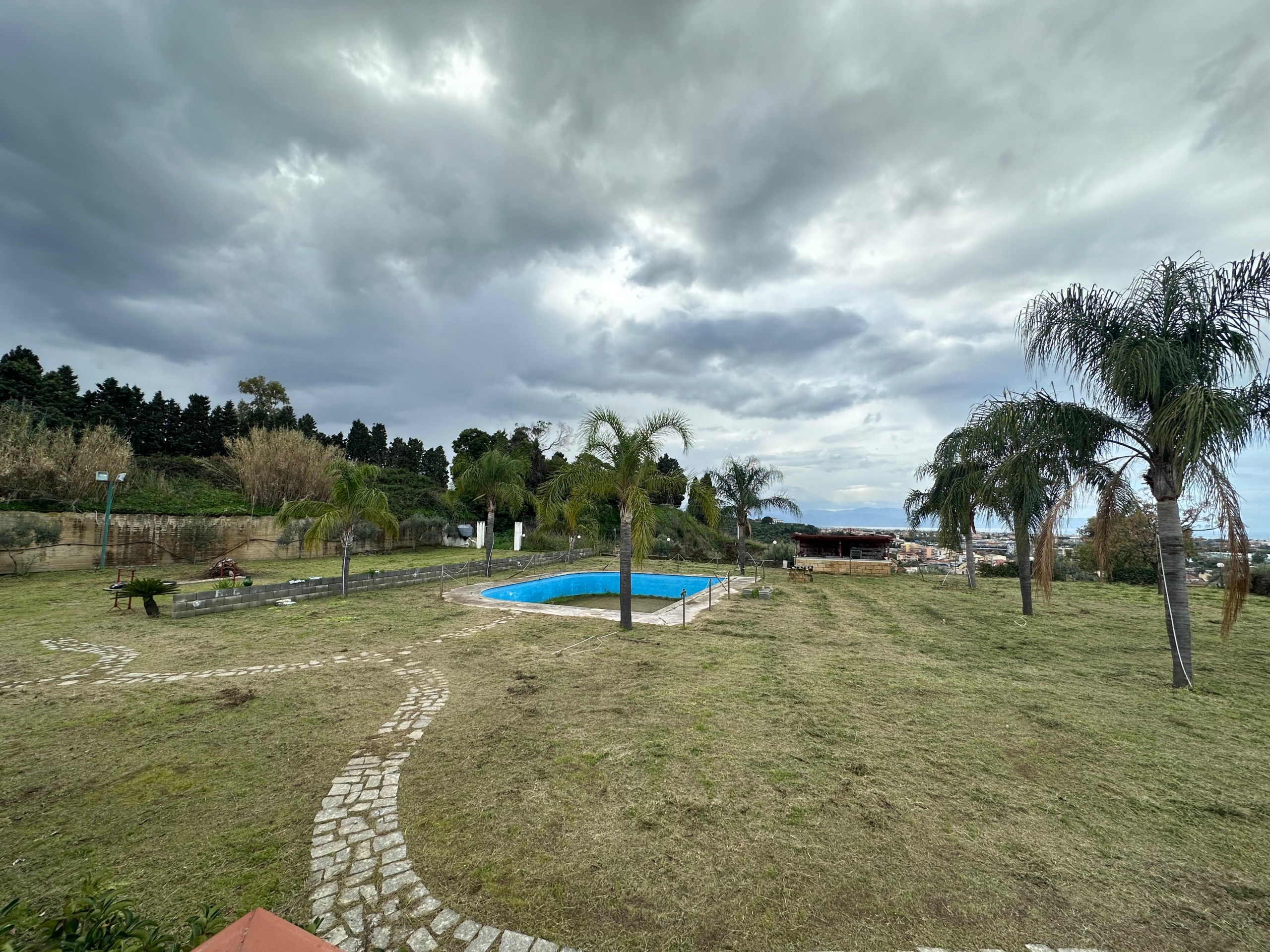 Ampia area esterna con piscina e palme, cielo nuvoloso, giardino ben curato, ideale per relax e attività all'aperto. Perfetta per case di vacanza o proprietà di lusso.