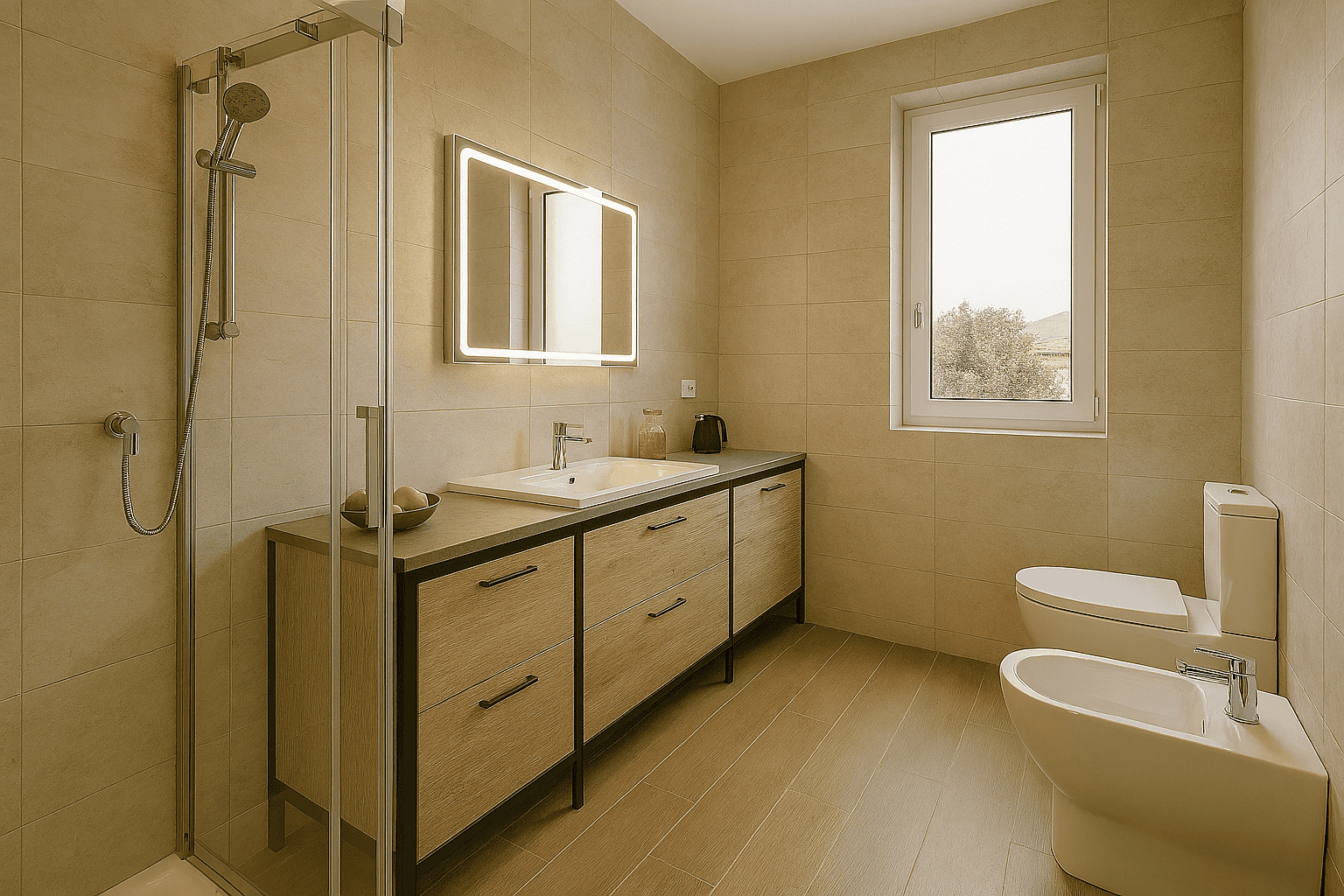 Spazio bagno moderno con mobile lavabo in legno, specchio con luce integrata, doccia con porta in vetro e wc bidet, finestra aperta su paesaggio naturale, atmosfera luminosa e accogliente, ideale per case e appartamenti.