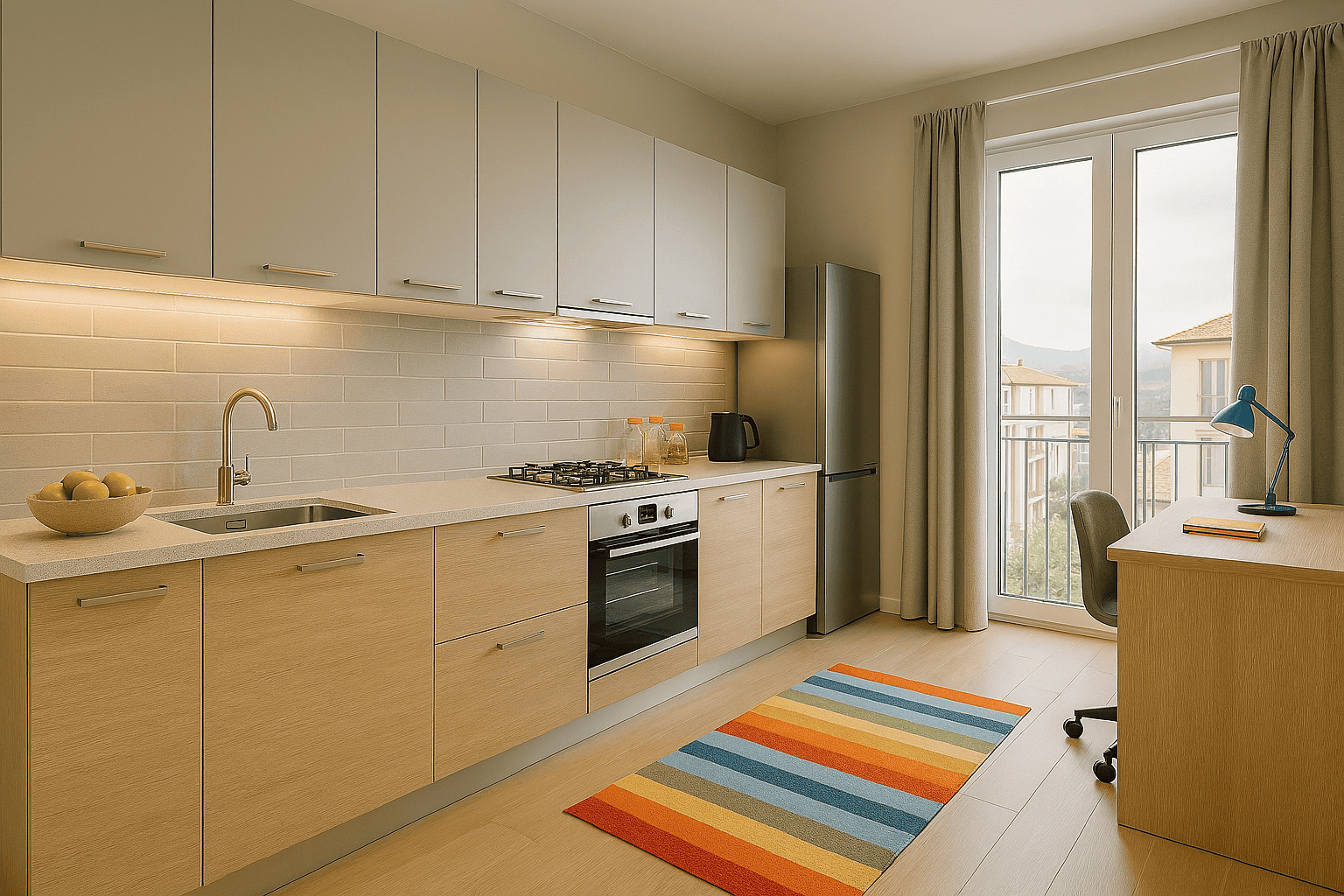 Appartamento moderno con cucina luminosa, elettrodomestici di design e zona studio con vista su balcone, ideale per vivere in comfort e stile in residence NextCasa.