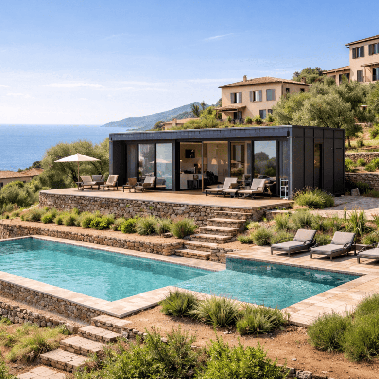 Relaxing modern villa con piscina e vista mare, ambiente outdoor elegante con sdraio e area lounge, ideale per case vacanza di lusso e immobili di prestigio sulla costa italiana.