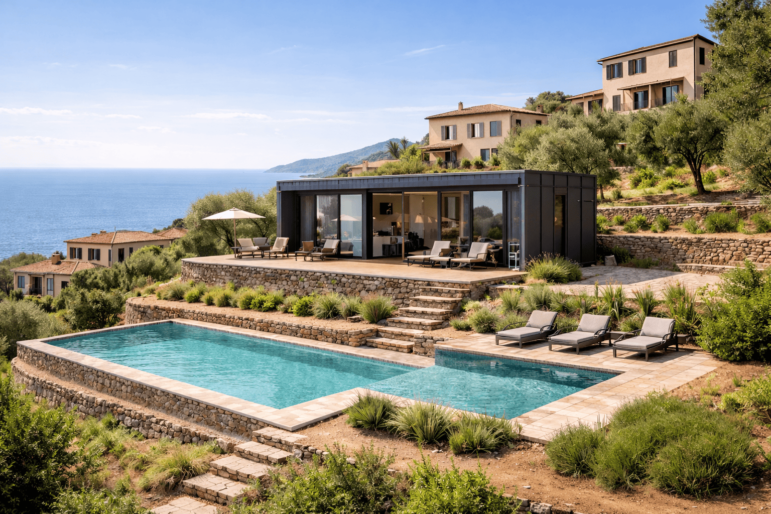 Relaxing modern villa con piscina e vista mare, ambiente outdoor elegante con sdraio e area lounge, ideale per case vacanza di lusso e immobili di prestigio sulla costa italiana.