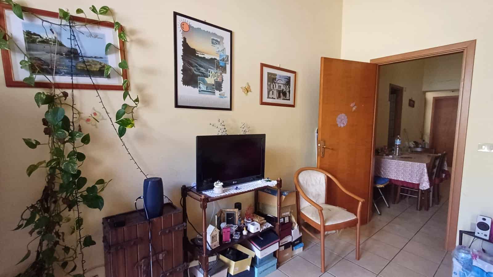 Piante in vaso e decorazioni murali in ambiente living con televisore e arredi tradizionali in stile rustico ideale per immobili in vendita o affitto.