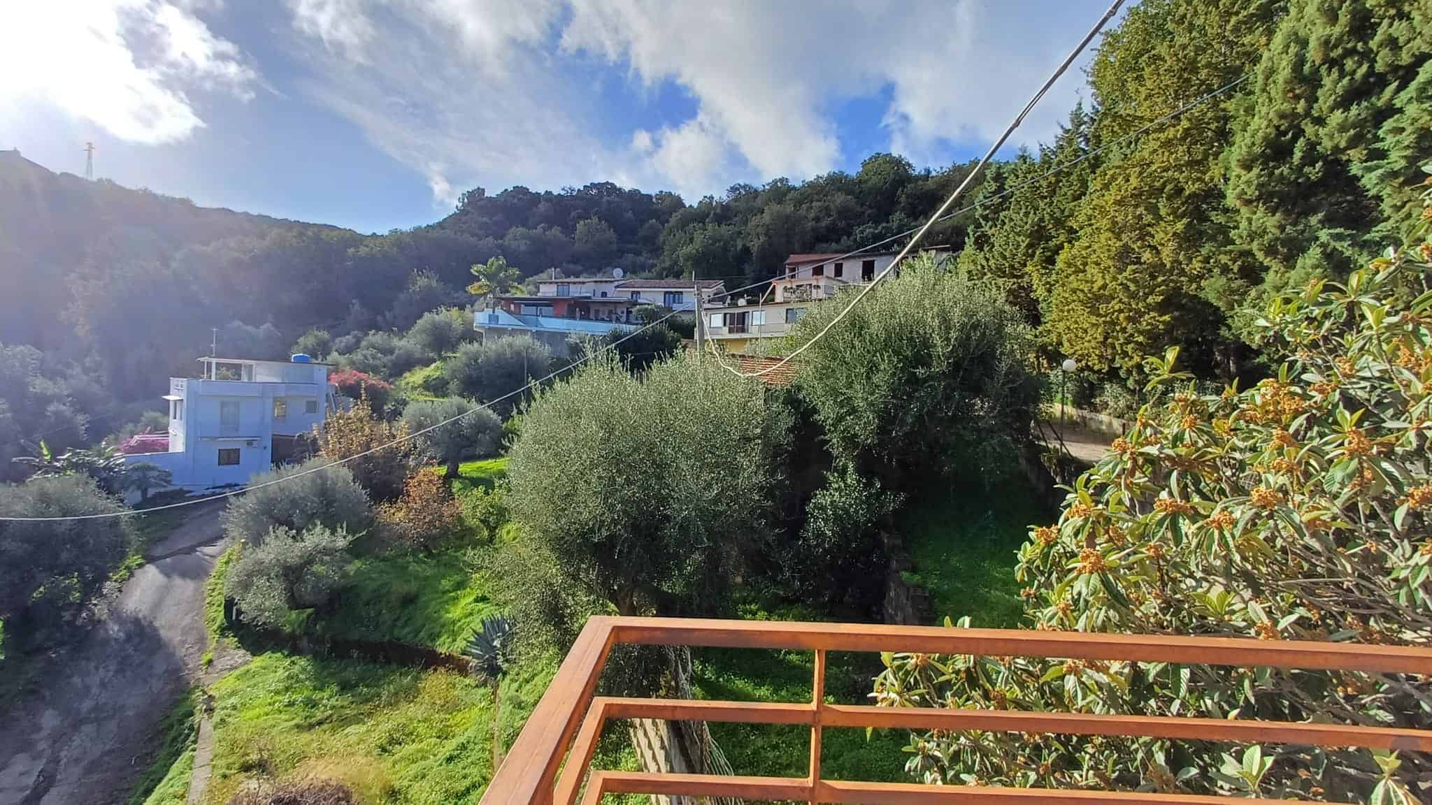 Vista panoramica di case moderne in collina con lussureggiante vegetazione e cielo sereno, perfetta per immobili di pregio e tranquillità in contesto naturale.