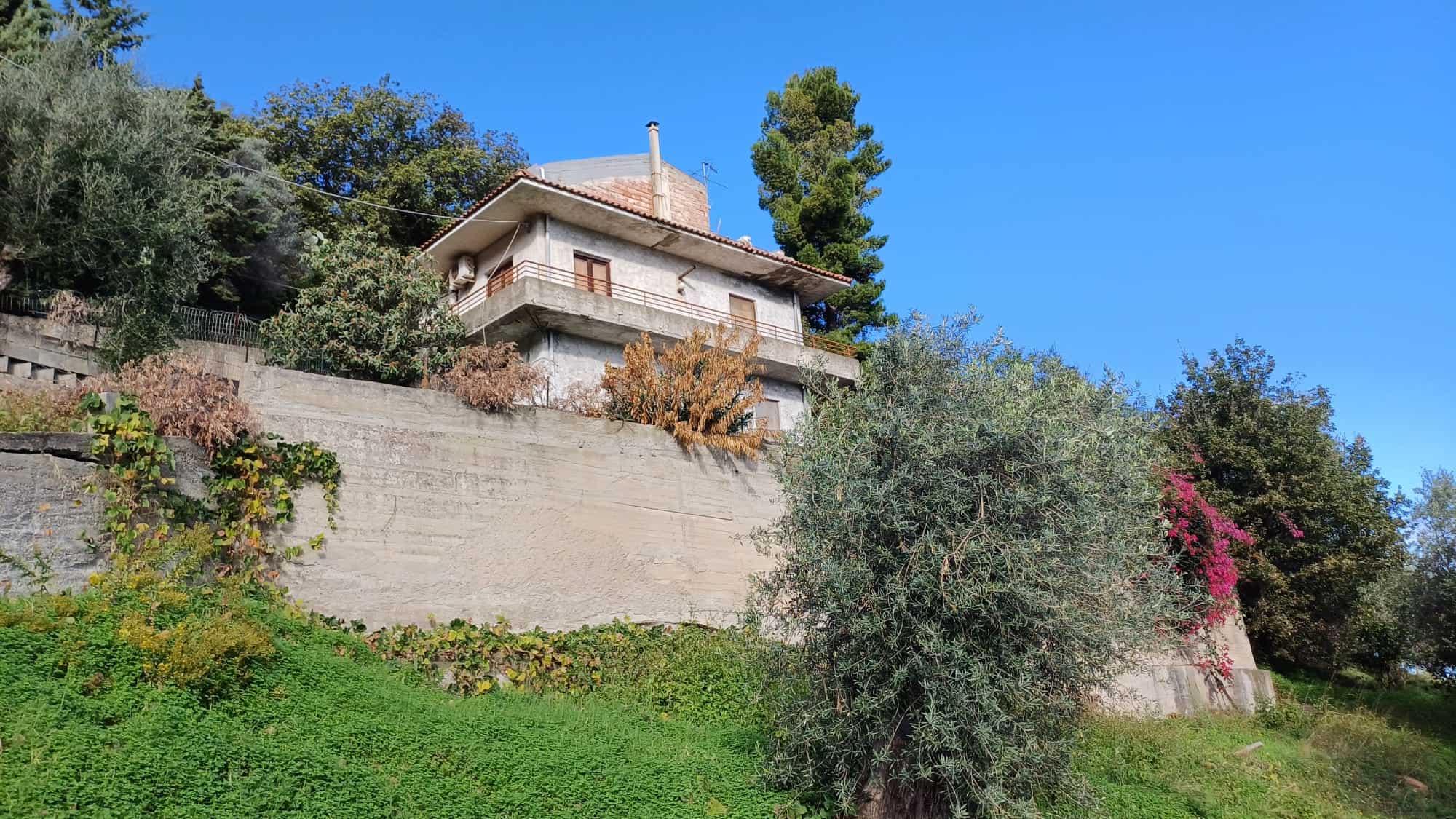 Casa su terreni collinari con giardino e ampie terrazze, circondata da alberi e vegetazione, ideale per vivere immersi nella natura e nella tranquillità.