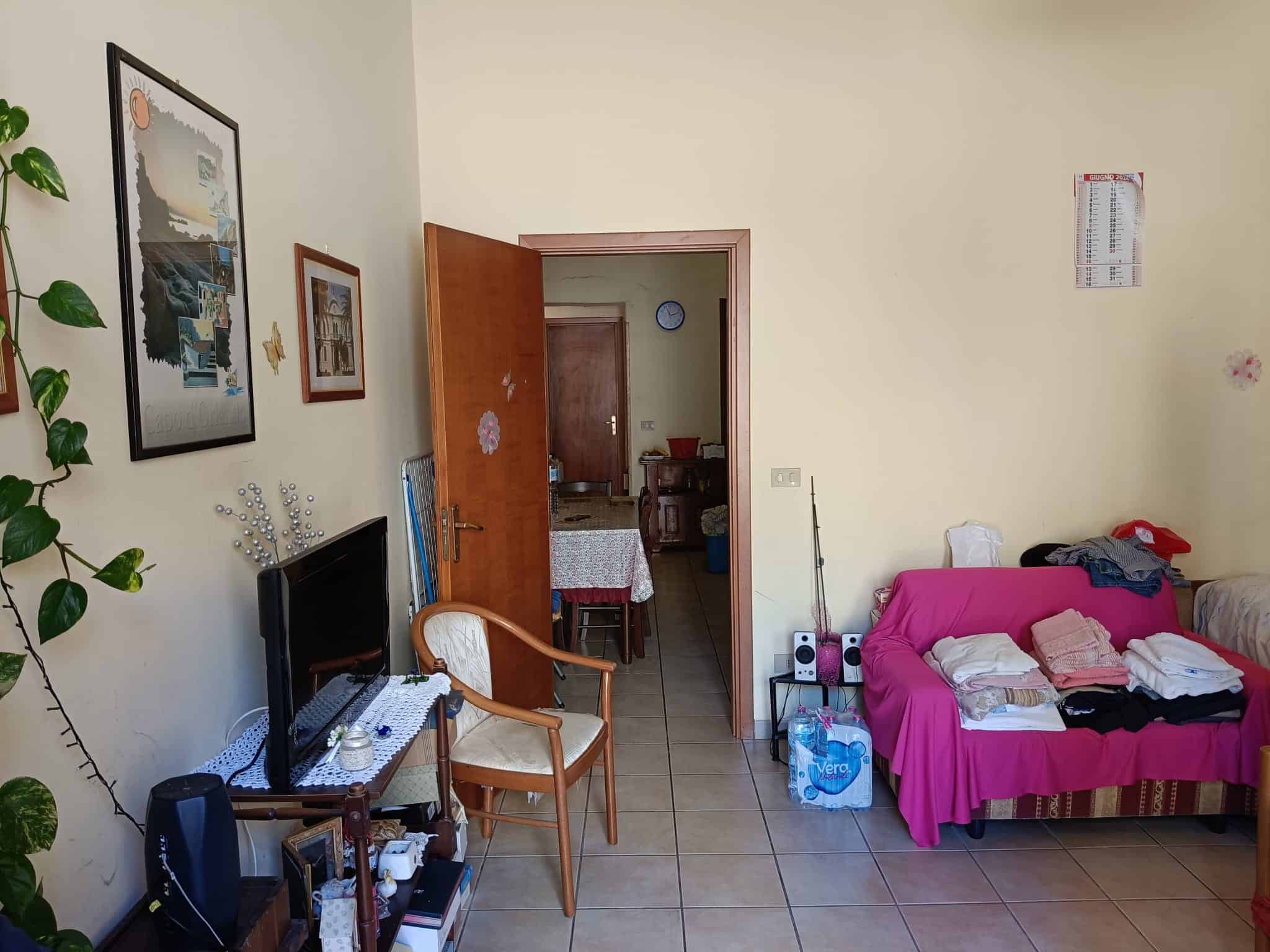 Arredamento soggiorno con divano rosa, TV, pareti decorate, oggetti quotidiani e accessori di casa, ambiente confortevole e accogliente, fotografia di interni casa NextCasa, stile pratico e familiare.