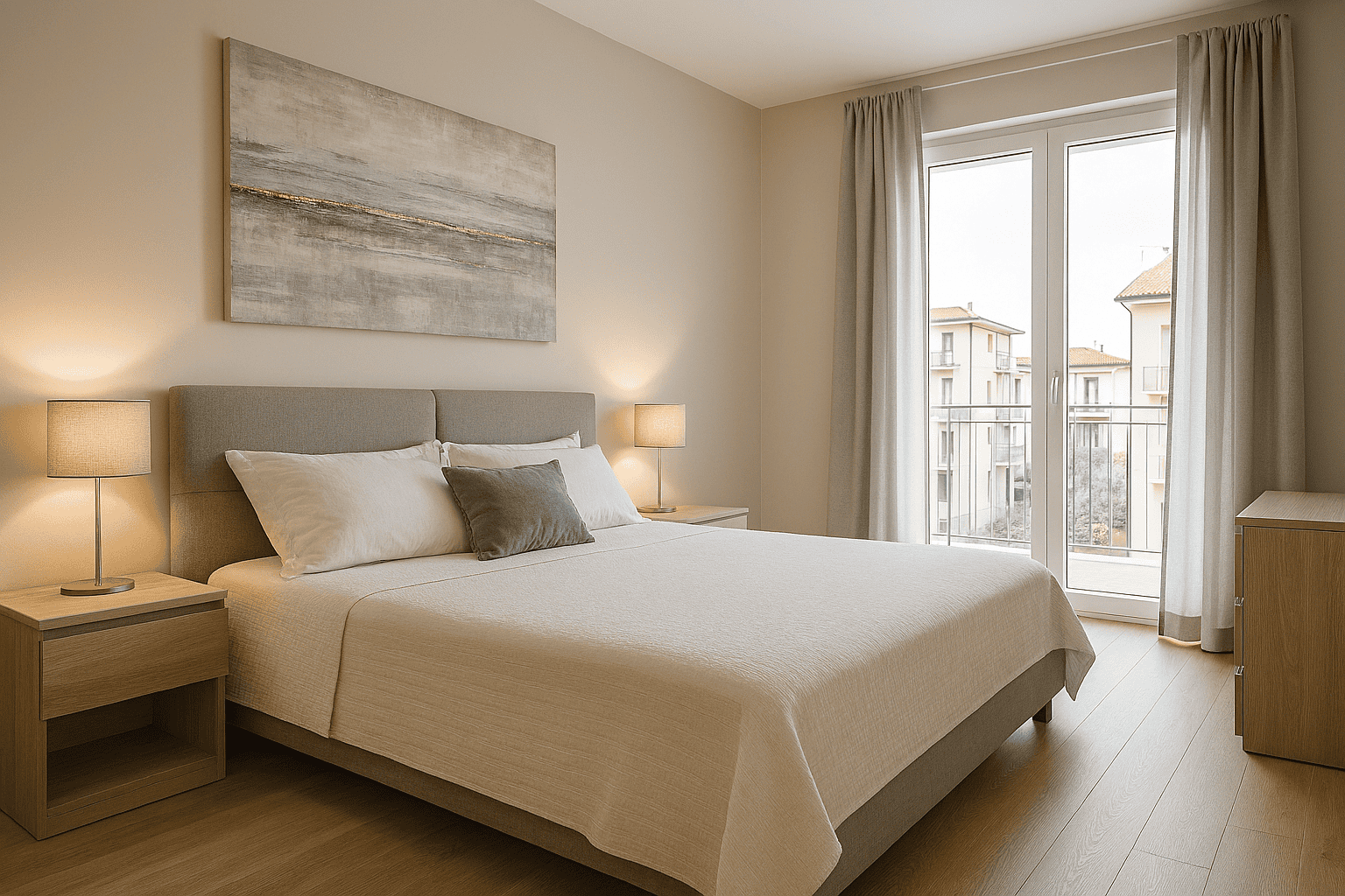 Spazio soggiorno elegante con camera da letto luminosa, arredamento moderno e vista su edifici residenziali, ideale per soluzioni immobiliari di alta qualità.