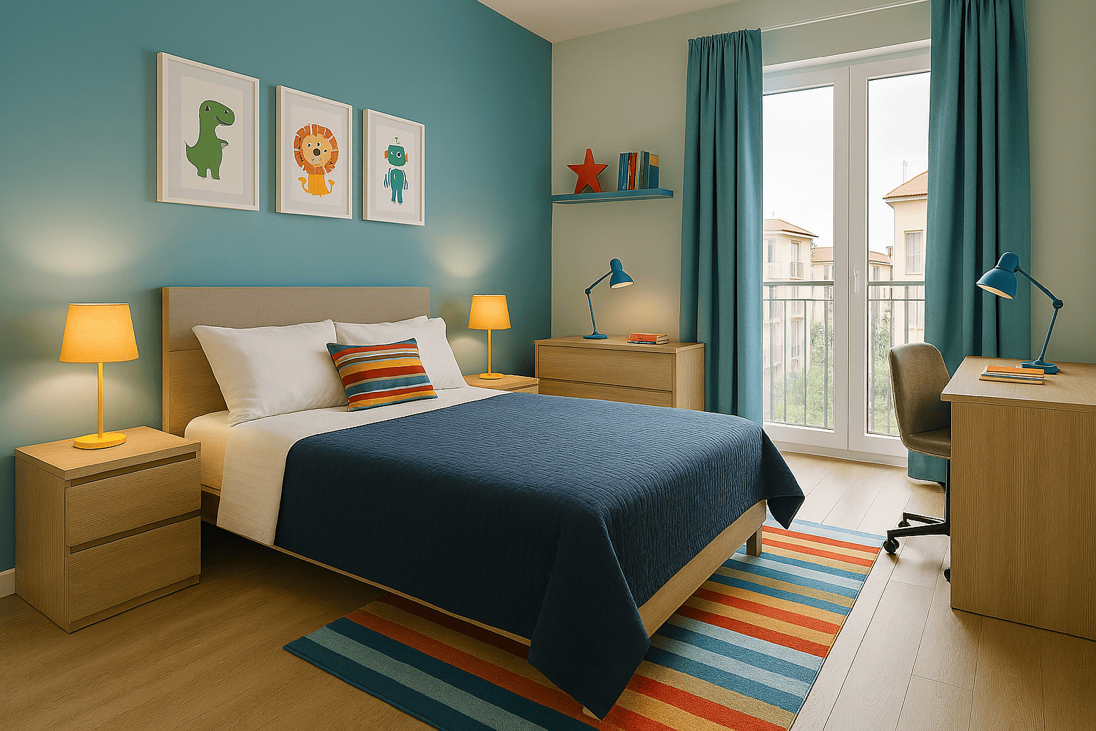 1. Appartamento moderno con camera da letto colorata, arredi in legno, pareti turchesi, e decorazioni per bambini, ambienti luminosi e accoglienti.