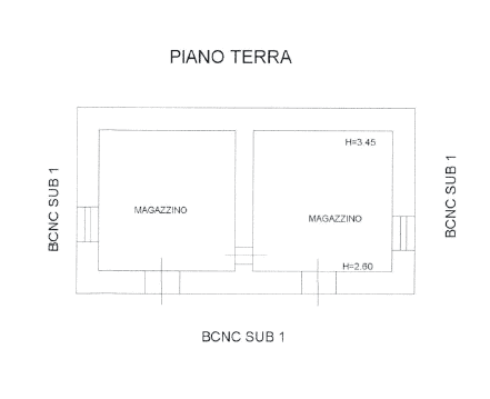Planimetria del piano terra di un magazzino con due stanze, altezza 3.45 e 2.60 metri, rappresentata in un disegno tecnico per immobili commerciali o industriali.