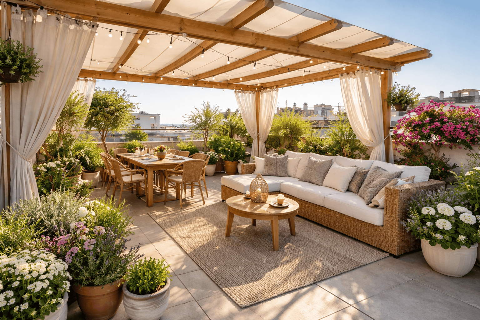 Relaxing terrazza sul tetto con arredi in stile boho chic e piante fiorite, ideale per vivere l’estate in compagnia, con vista sulla città e atmosfera accogliente.
