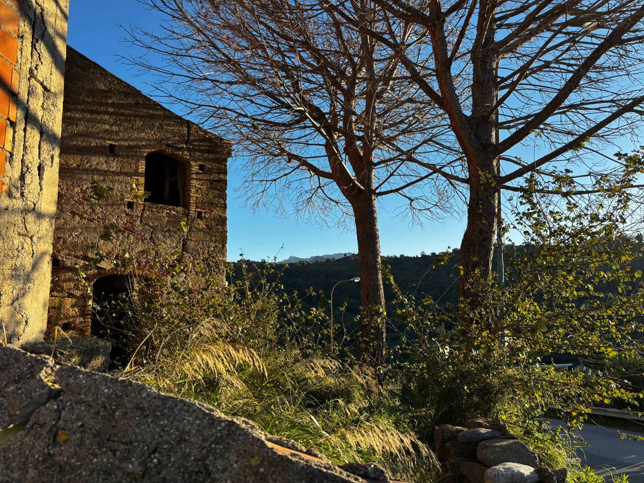 Vecchio casolare in pietra con struttura in mattoni, circondato da alberi e vegetazione, con vista su dolci colline e cielo azzurro, in un paesaggio naturale e suggestivo.