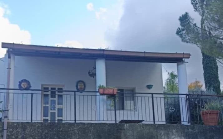 Balcone di una casa moderna con ringhiera in ferro battuto e piante ornamentali, vista su un ambiente residenziale tranquillo con cielo nuvoloso.