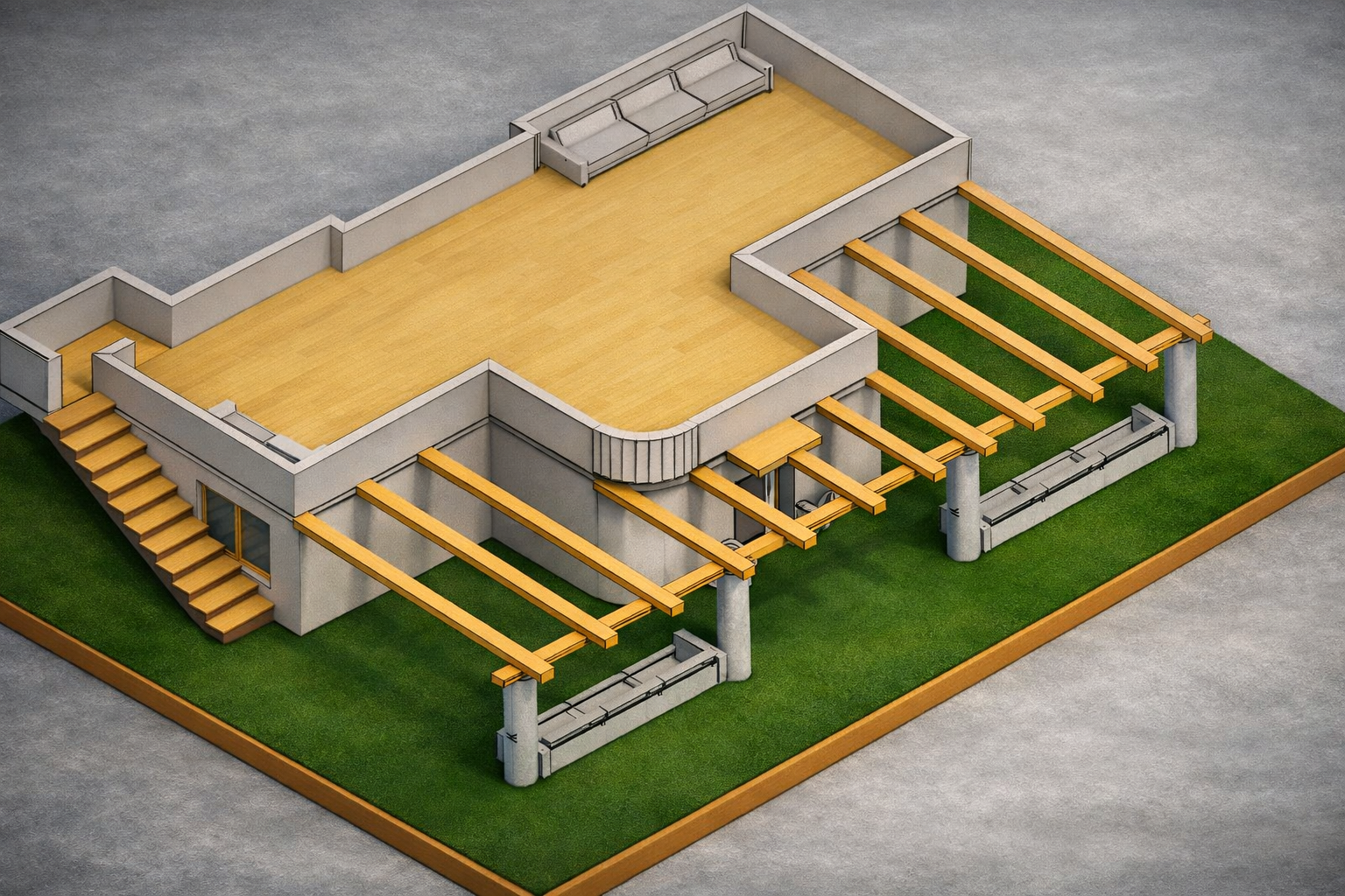 Il modello di una casa in costruzione con struttura in legno e fondamenta in cemento, pronto per l'edificazione di un'abitazione moderna e sostenibile.