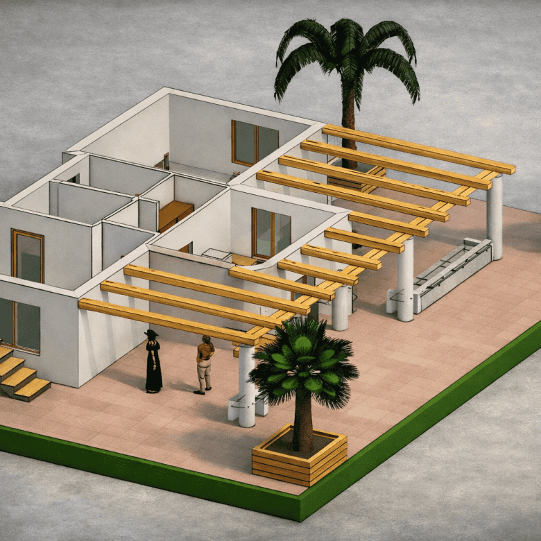 Pannello di casa in fase di costruzione con struttura in legno e pareti interne, vista dall'alto con alberi decorativi e spazio esterno pavimentato, ideale per progetti di edilizia e ristrutturazione.