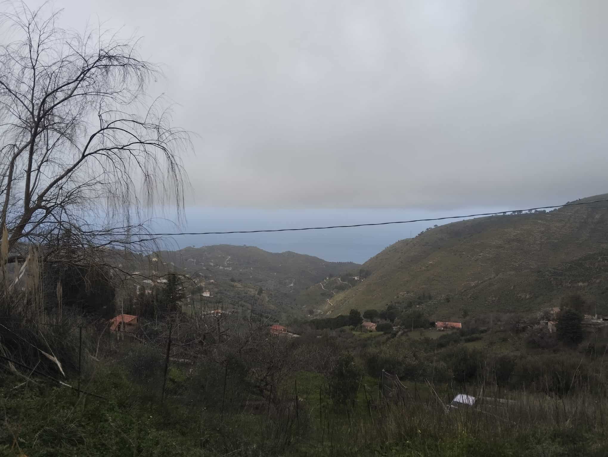 Tranquillo paesaggio collinare con vegetazione, alberi spogli e un cielo nuvoloso, vista panoramica sulla valle e sul mare lontano, ideale per immobili immersi nella natura e case in vendita in zone r.
