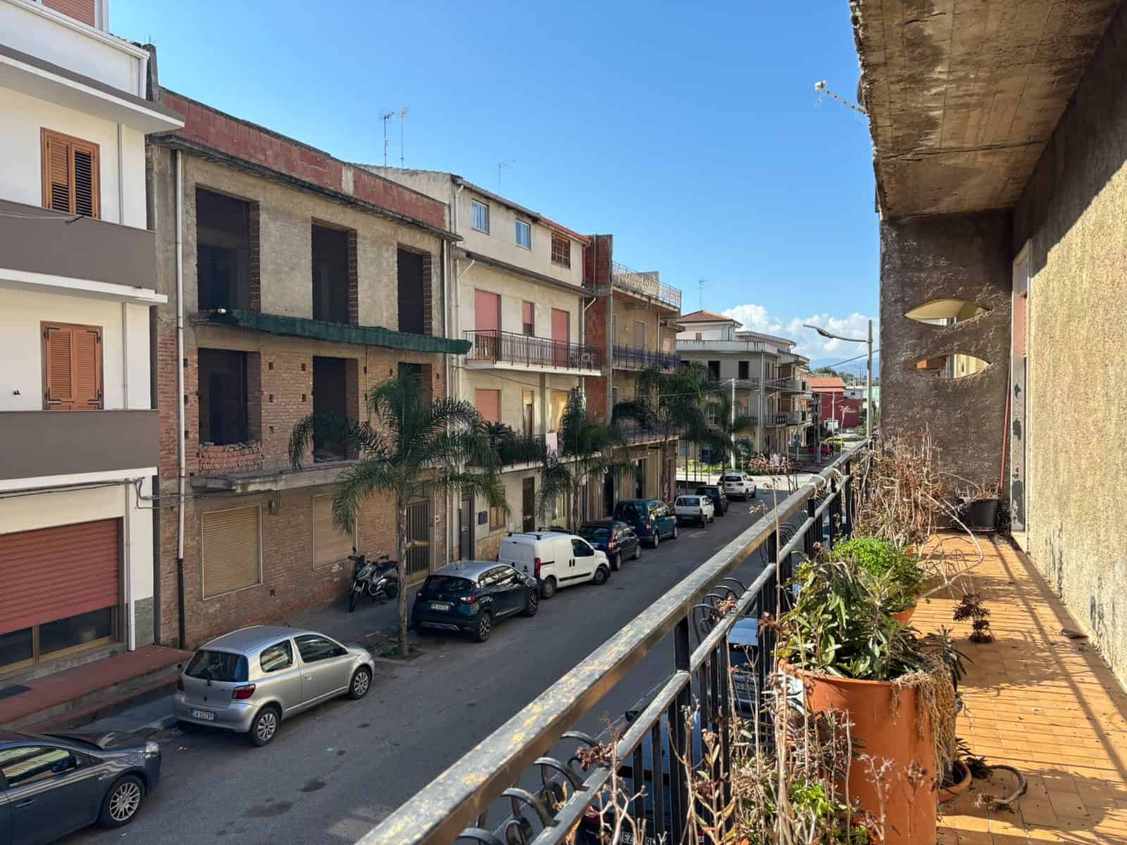 Balcone con piante e vista su strada urbana con edifici residenziali, in una giornata soleggiata.