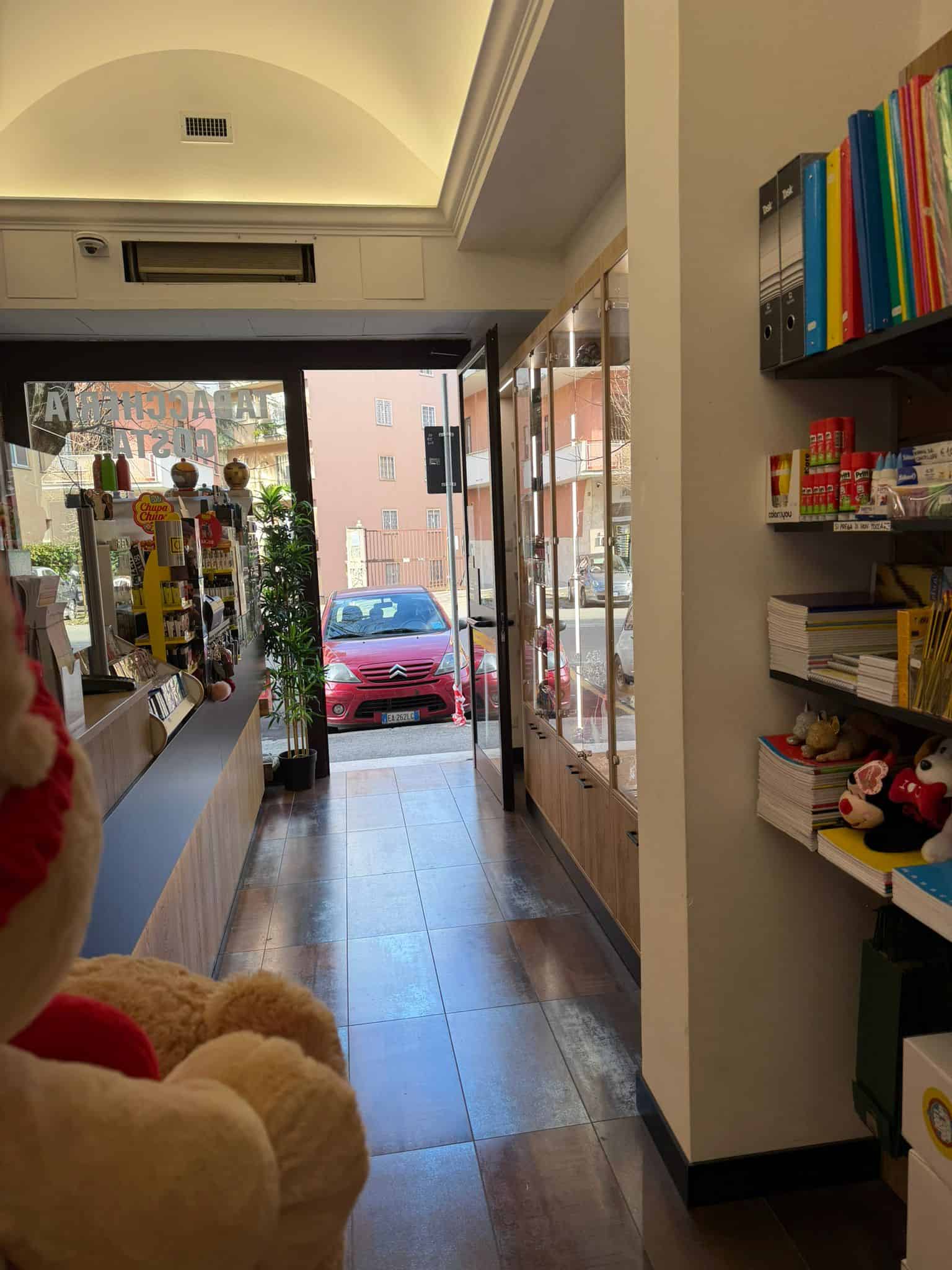 Interno di un negozio o libreria con scaffali pieni di libri e giocattoli, ingresso con porta vetrata e vista sulla strada esterna, atmosfera accogliente e luminosa.