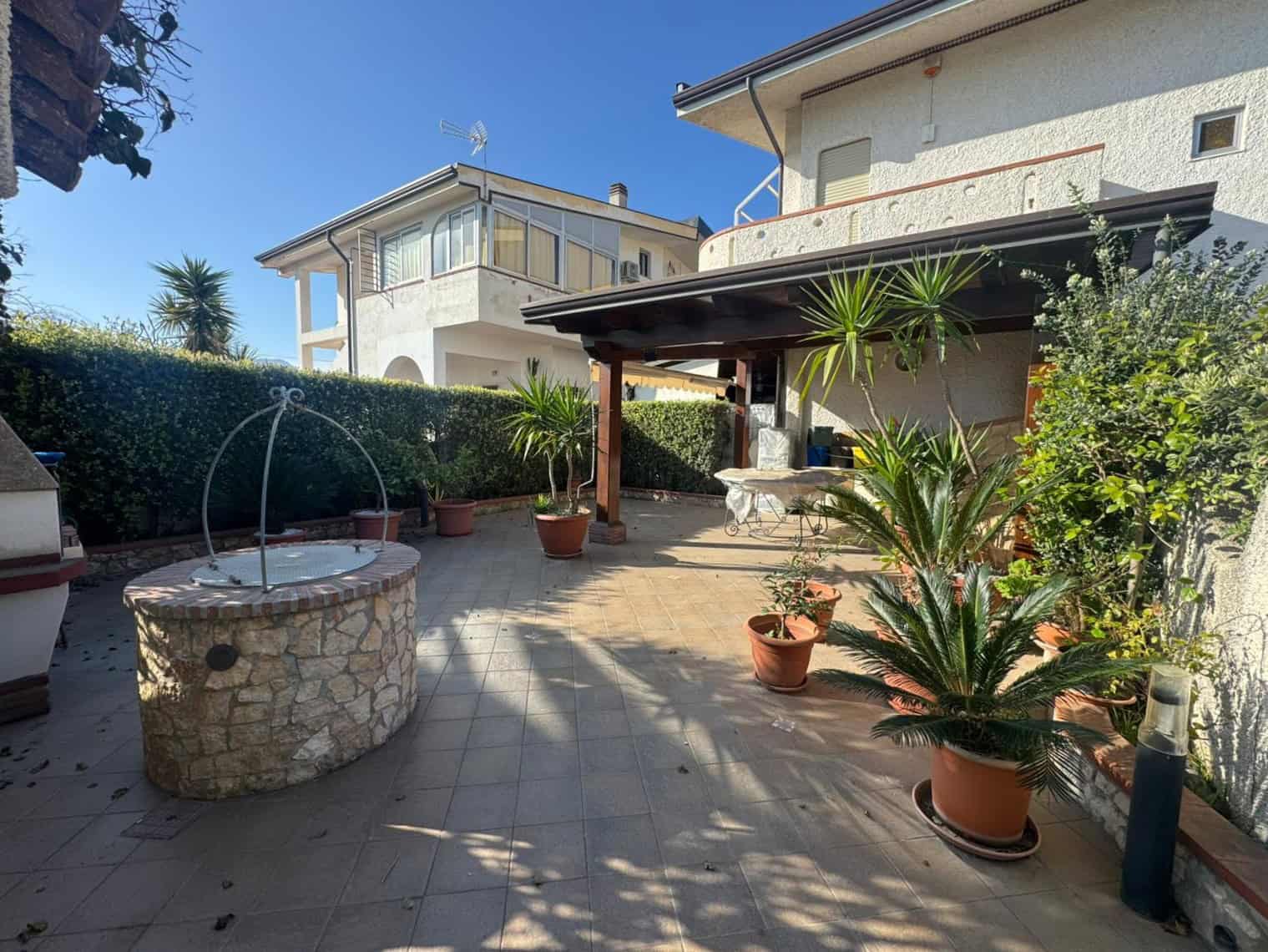 Panchina in pietra e giardino con piante tropicali, spazio esterno di una casa moderna con area relax e decorazioni verdi, ideale per vivere momenti di tranquillità all'aperto.