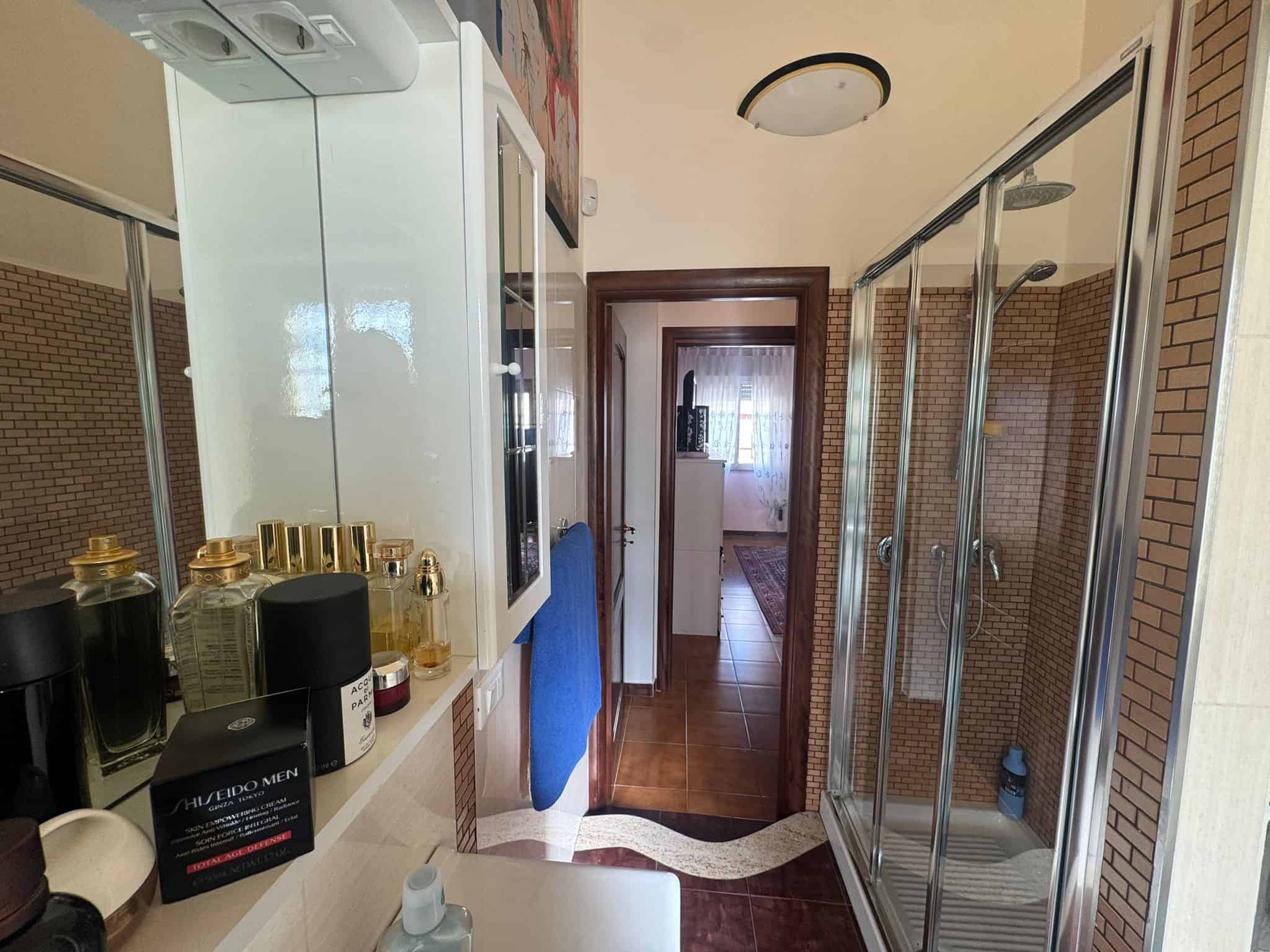 Ampia cabina doccia in bagno moderno con pareti in vetro e dettagli in acciaio inox, ideale per un'esperienza di benessere quotidiana.