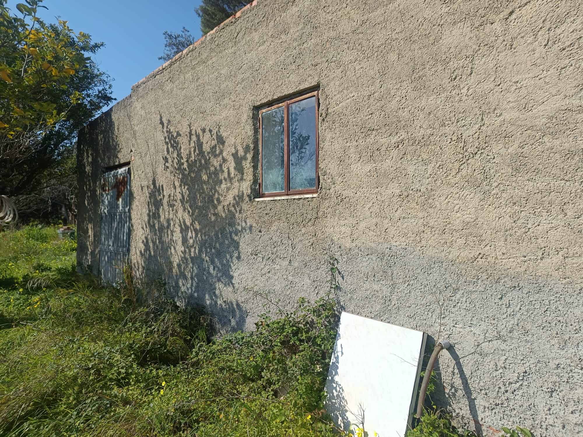 Vecchio edificio con pareti in cemento e due finestre, immerso in un ambiente naturale con vegetazione e alberi, sotto un cielo sereno.