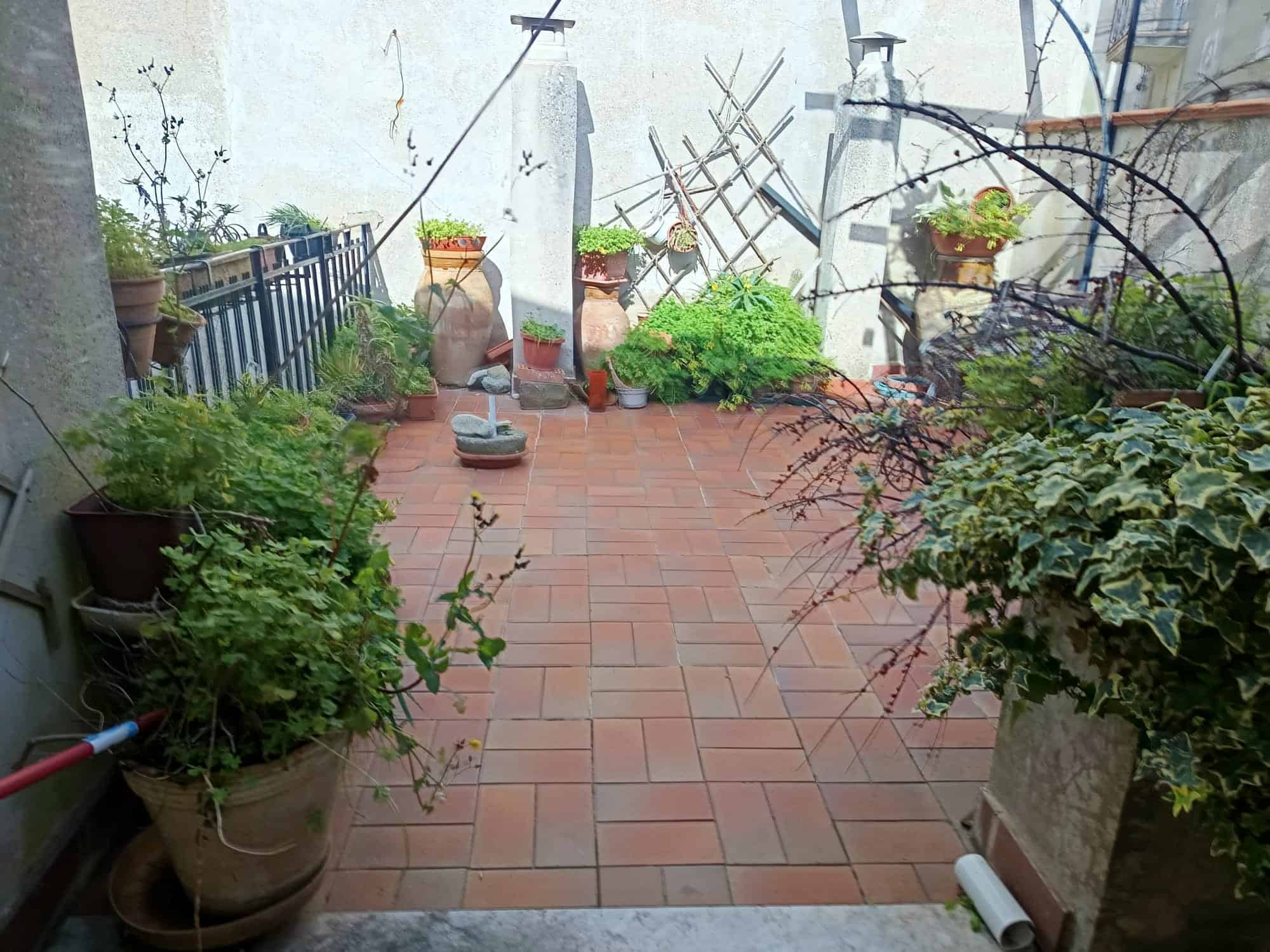 Balcone con piantine in vaso e decorazioni in terracotta, vista su un cortile soleggiato con mattonelle rosse e piante verdi, ideale per relax e giardinaggio urbano.