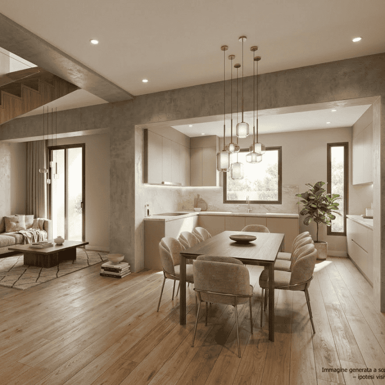 Ampia cucina e zona soggiorno moderna con arredi eleganti, illuminazione soffusa e dettagli di design in un ambiente luminoso e accogliente.