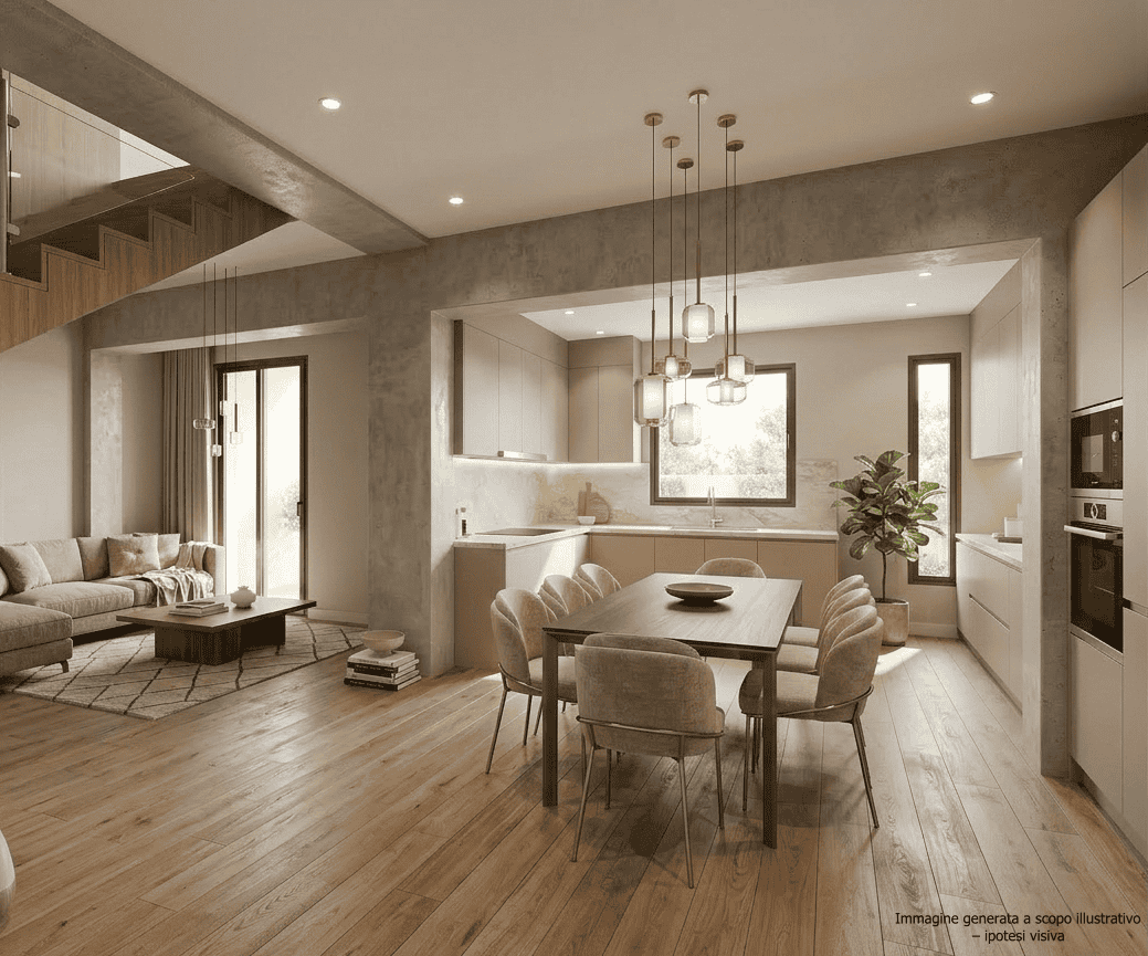Ampia cucina e zona soggiorno moderna con arredi eleganti, illuminazione soffusa e dettagli di design in un ambiente luminoso e accogliente.