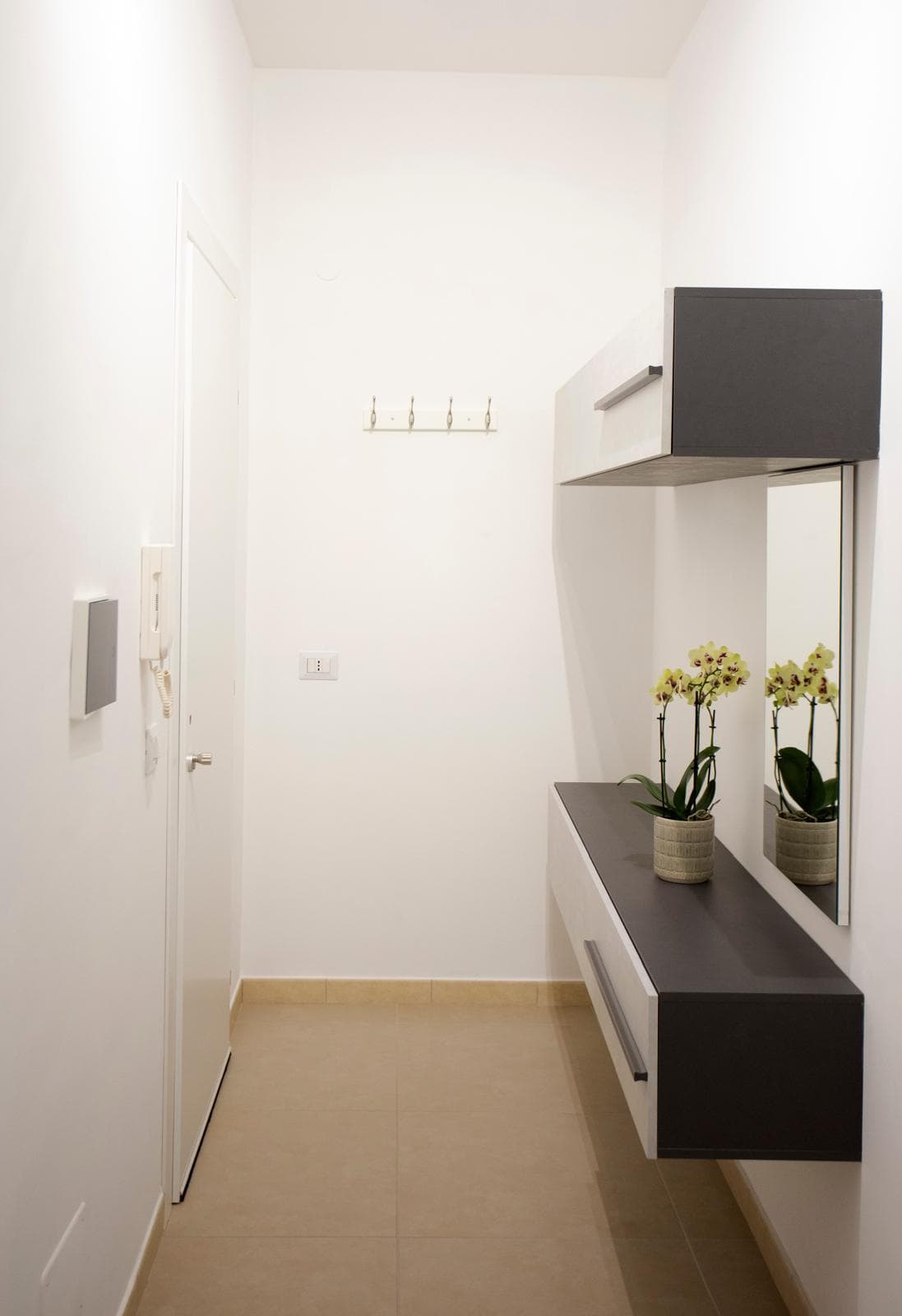 Pannello di ingresso moderno con specchio e piante, arredamento minimalista per un ingresso elegante e funzionale. Ideale per case contemporanee, ottimizza lo spazio e aggiunge un tocco di stile.
