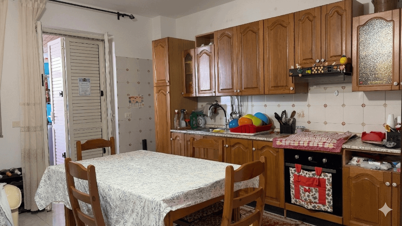 Cucina abitabile con mobili in legno, piano di lavoro e stoviglie, in un ambiente domestico accogliente e funzionale. Ideale per preparare pasti in famiglia o con amici, con accesso a un balcone ester.