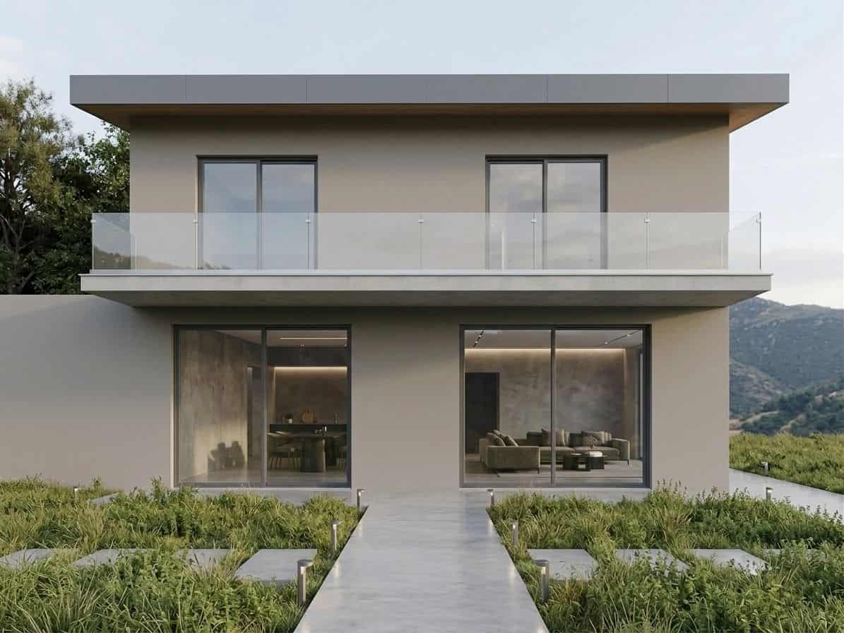 Casa moderna a due piani con grandi finestre e balcone, immersa nel verde con vista sulle montagne, design minimalista e elegante.