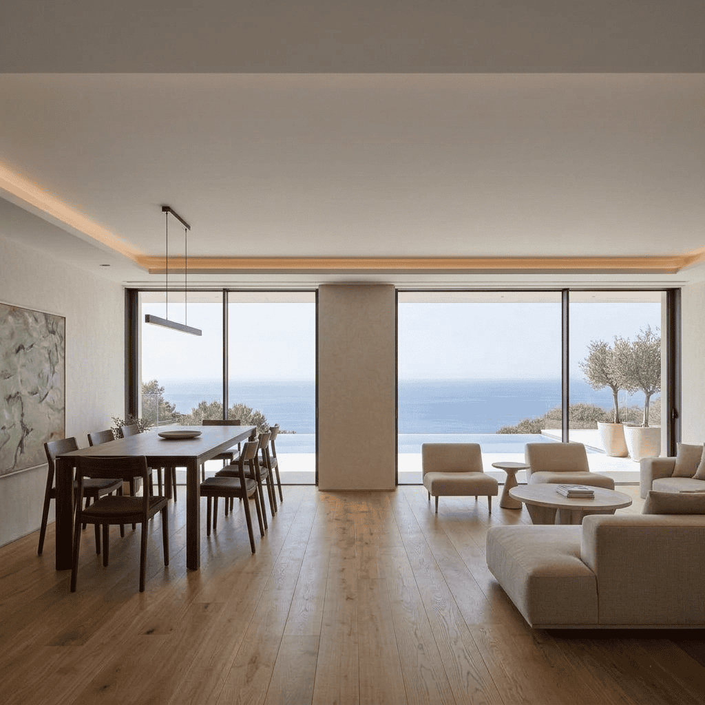 Spiaggia e vista mare attraverso grandi finestre in un soggiorno moderno e luminoso, arredato con divani e tavolo da pranzo in legno, ideale per case di lusso e immobili di alta qualità.
